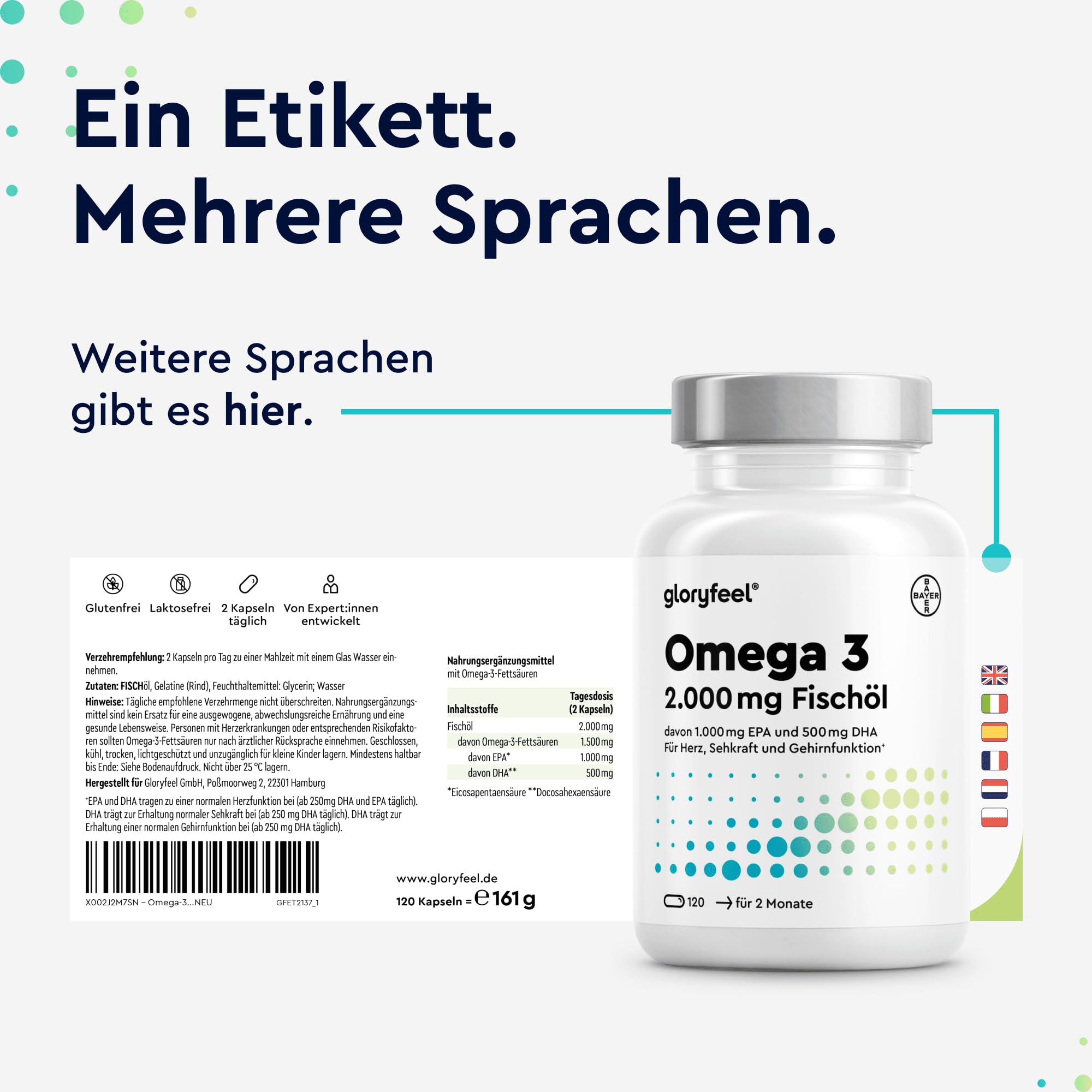 Omega 3 Kapseln - hochdosiert mit 2000mg Fischöl, 1000mg EPA & 500mg DHA pro Tagesdosis (in Triglycerid-Form) - essentielle Fettsäuren aus Meeresfischen - laborgeprüft & in Deutschland entwickelt