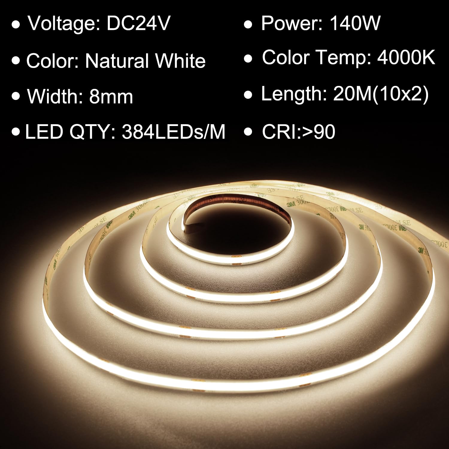 TTWAY Tira LED COB 20m 4000K Con Fuente de Alimentación y Control Remoto, 384LEDs/M, DC24V, CRI 90+, 8mm Ancho, Blanco Natural Regulable Para Decoración del Hogar (2x10m)
