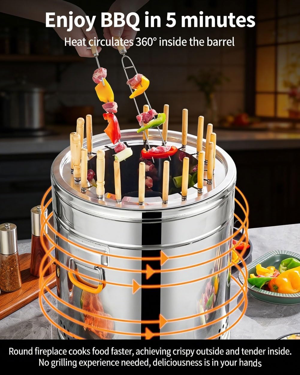 Bezdymny grill węglowy do grillowania, grill kebabowy na węgiel drzewny ze stali nierdzewnej, wszechstronna kuchenka do grillowania 360°, piekarnik do pieczenia w podróży, gotowanie na świeżym(Large)