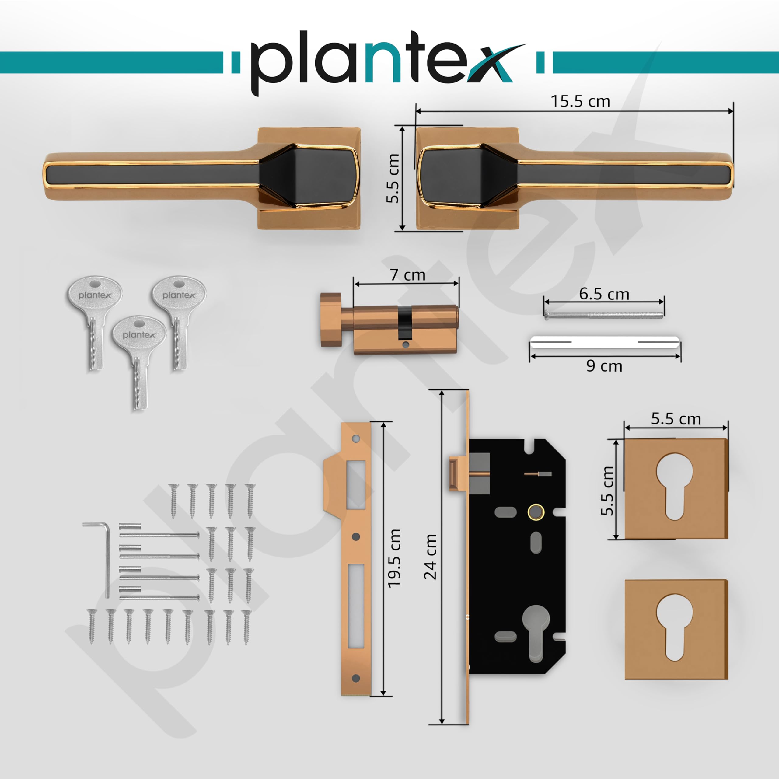 Plantex Mortise Lock - Rose Gold & Black Handle Set -5