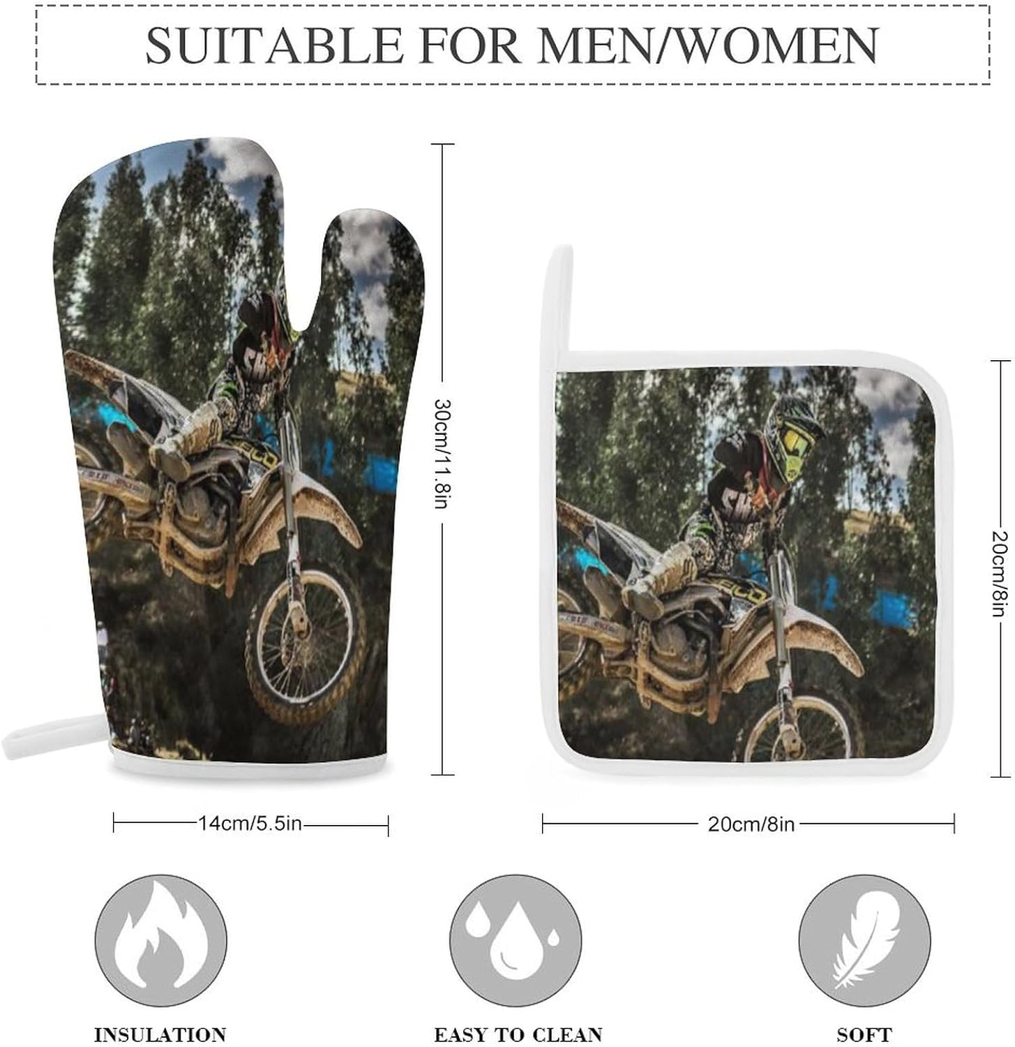 Motocross Motorcycle Vehicle Print Oven Mitts and Pot Holders 3 Piece Sets Heat Resistant Gloves Hot Pads Potholders for Kitchen Baking Cooking
