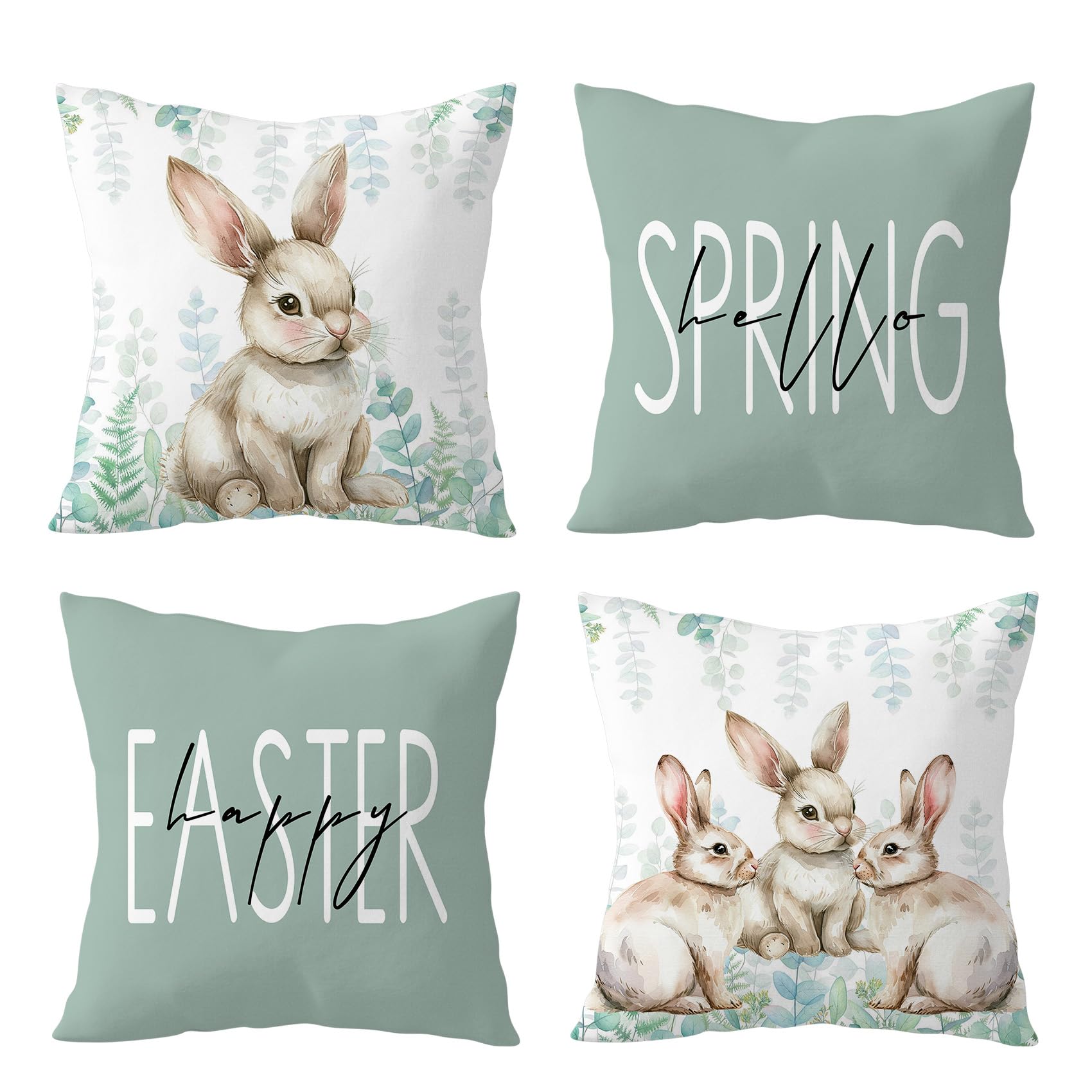 LB Happy Easter Bunny Pillow Covers 18x18 Inch Set of 4 Green Botanical Eucalyptus Leaves and Cute Rabbit Throw Pillow Cover Cute Animal Decorations Cushion Cases Pillowcases for Sofa Bedroom