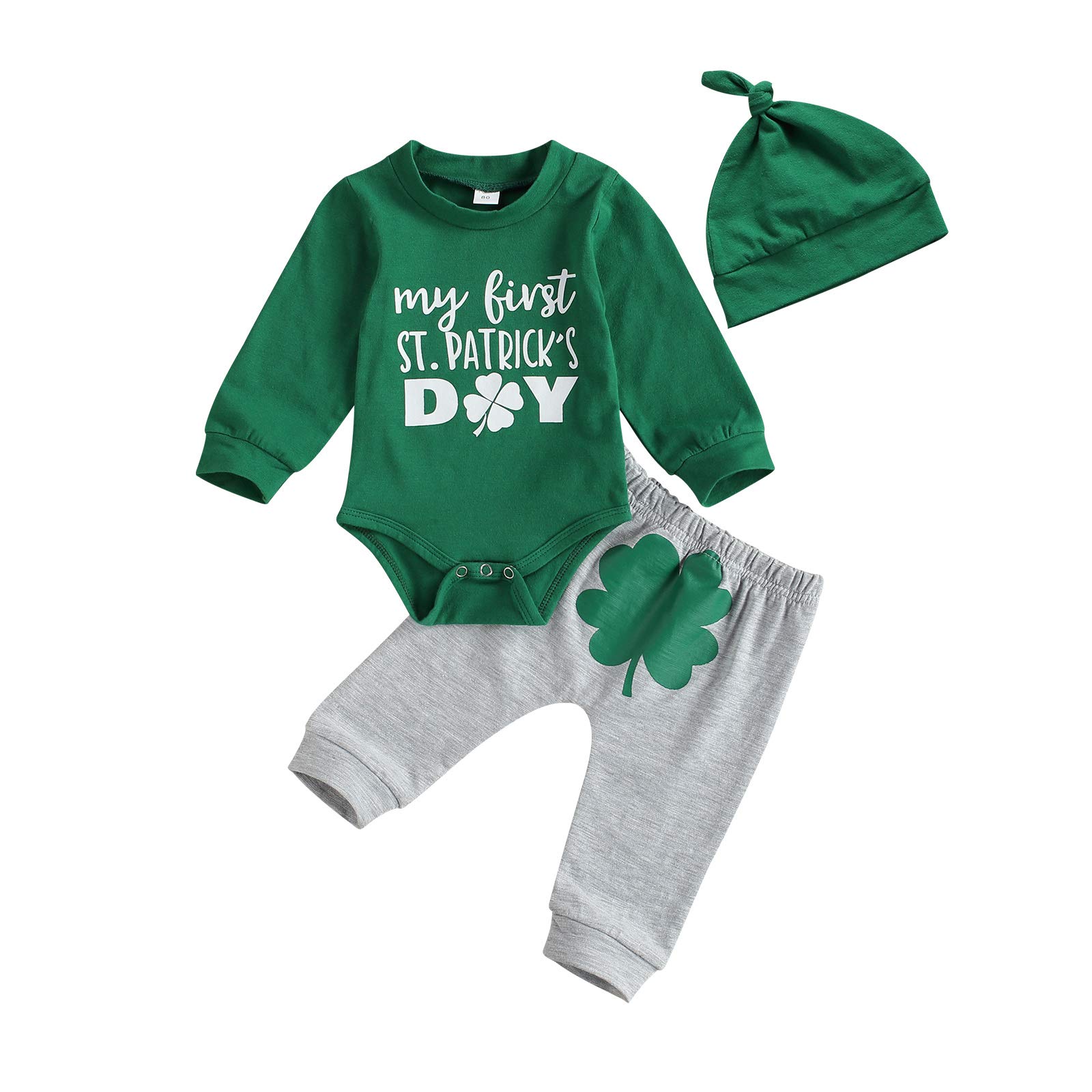 BOIBOKOKONewborn Baby Boys My First St. Patrick's Day Outfits Green Long Sleeve Romper Clover Print Trousers Hat 3Pcs Set