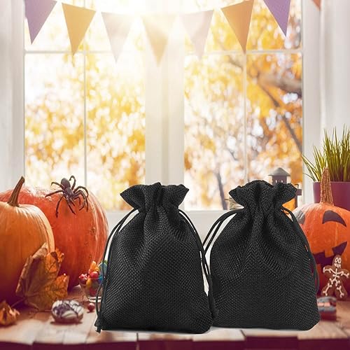 Miniatura 6 de 20 bolsas de regalo de arpillera negra con cordón de 2.7 x 3.5 pulgadas, lino para Halloween, dulces, joyas, bolsa de yute para bodas y fiestas