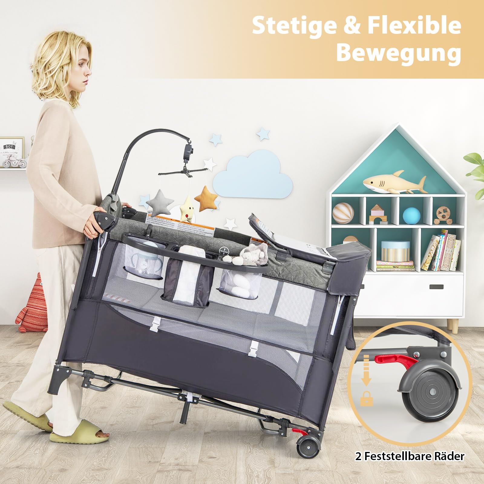 DREAMADE Reisebett mit Matratze, 5 in 1 Beistellbett Baby mit Rollen & Wickelauflage & Spieluhr, 110×76cm Babybett mit Tragetasche, Stubenwagen für Neugeborene & Baby (Grün)