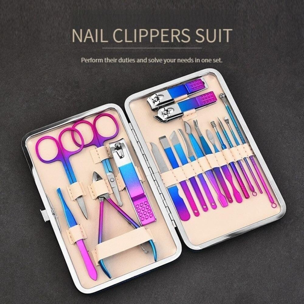 18-Piece Stainless Steel Nail Clippers Set with Gradient Color, Pedicure & Manicure Tools, Beauty Tongs, and PU Leather Case