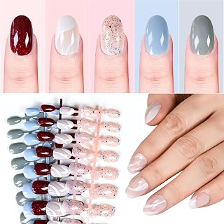 5 Packs 120pcs Oval Press on nails, Mix Color Pre-design Glossy Solid Blue Grey False Nails, Salon Shiny Pink Red Glitter Nail Art Tips, Reusable Fake Nails Daily Fingernails Gifts for Women Girls