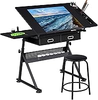 Yaheetech Adjustable Height Drafting Table with Tiltable Top 0-60°, Stool, Storage Drawers & Organizer for Art, Writing, Studying