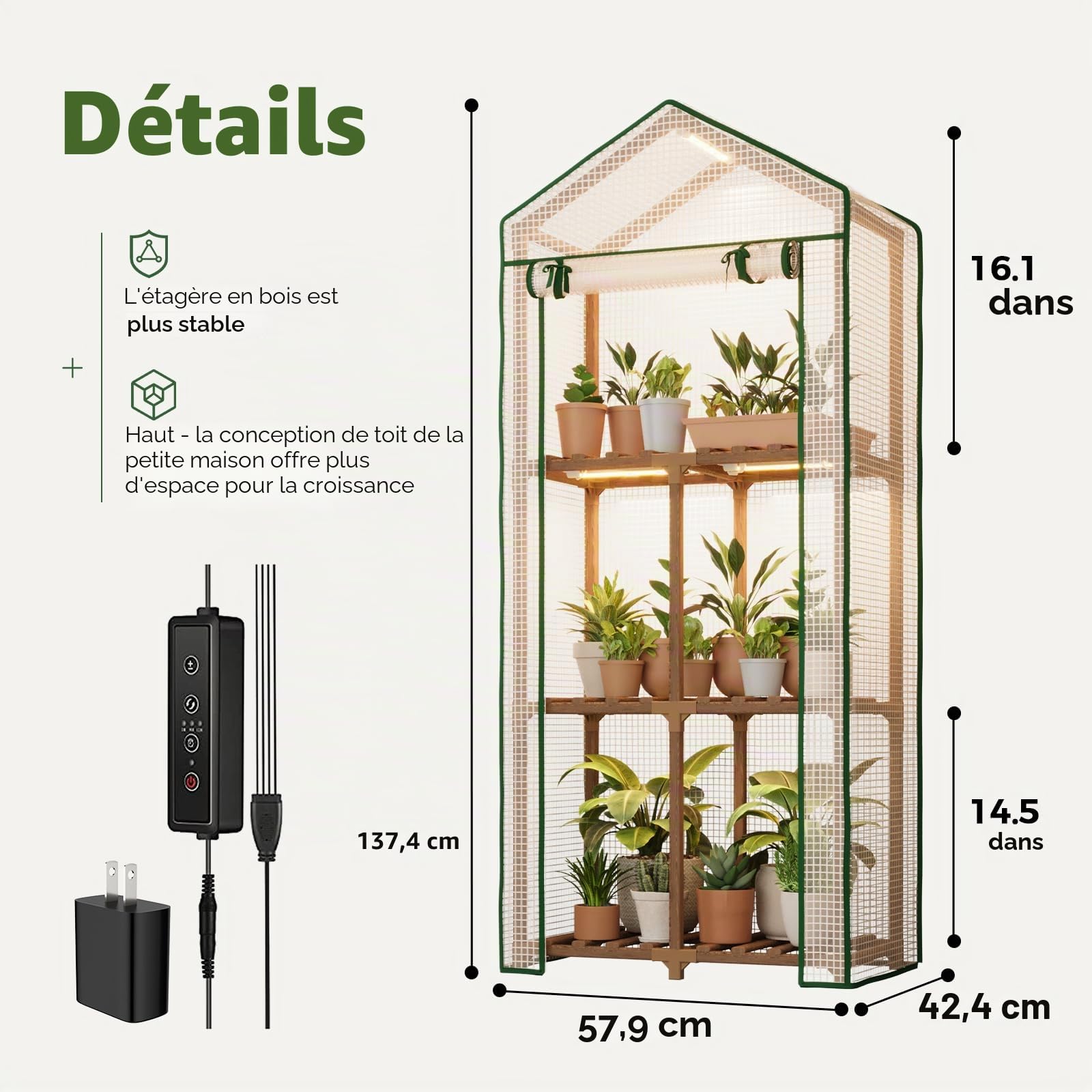 Bamworld Serre de Jardin avec Éclairage Mini Serre de Jardin à 3 Niveaux Mini Serre Portable avec Couverture en PE pour Plantes Balcon Terrasse Décor Boho Patio