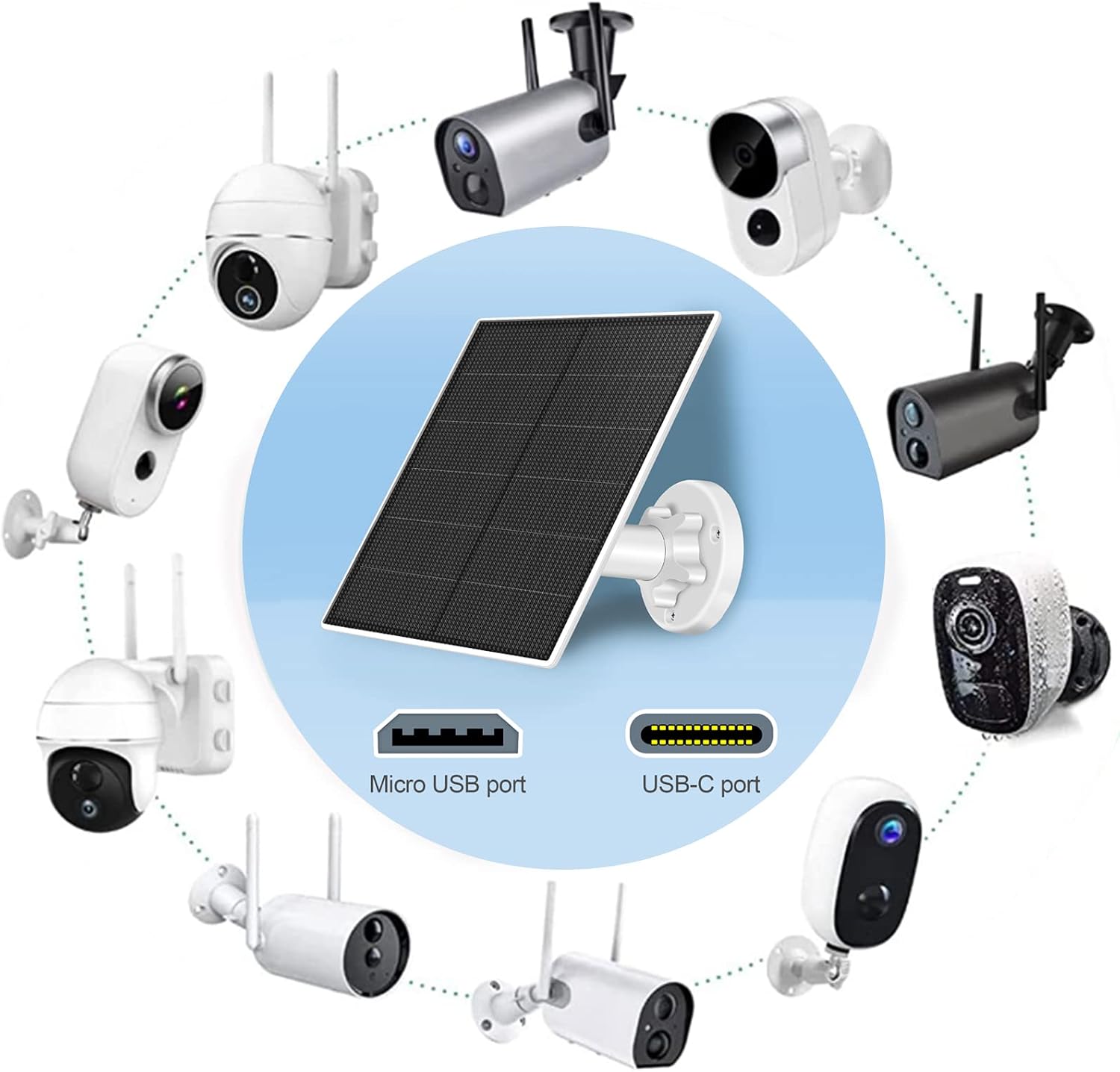 Solar Panel for Security Camera,5W USB DC 5V Camera,Micro & USB-C Port Panel,IP65 Waterproof Charger Camera with 360° Adjustable Mounting
