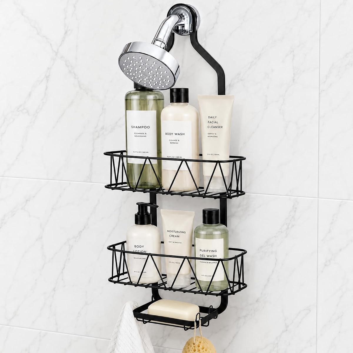 Shower Caddy Hanging, Over Shower Head Caddy Bathroom Organizer | 2 storage baskets, soap basket & 4 hooks, rust-resistant black finish, no drilling, fits bathrooms, dorms and apartments