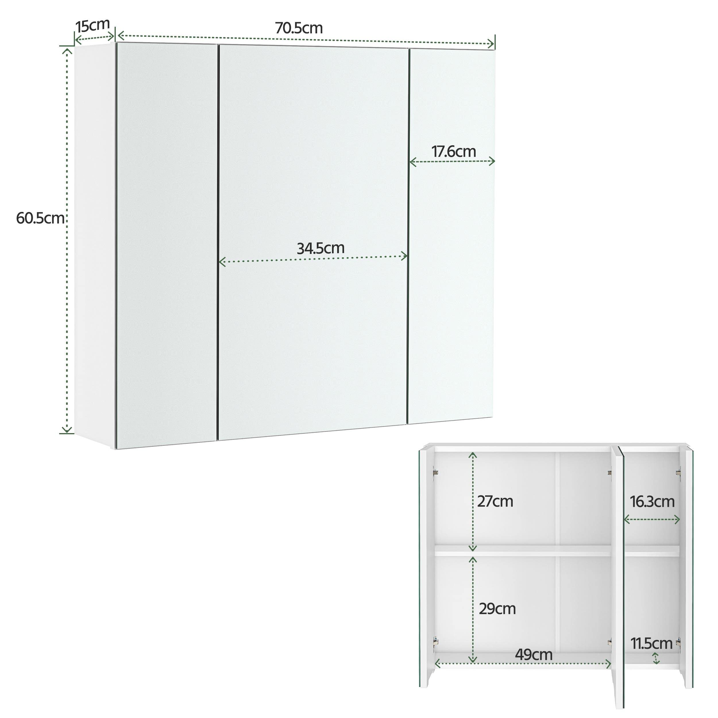 Yaheetech Armoire Murale Salle de Bain, Placard de Rangement Toilettes, avec 3 Portes 3 Miroirs, 2 Niveaux, Étagère Hauteur Réglable 70,5 x 15 x 60,5cm