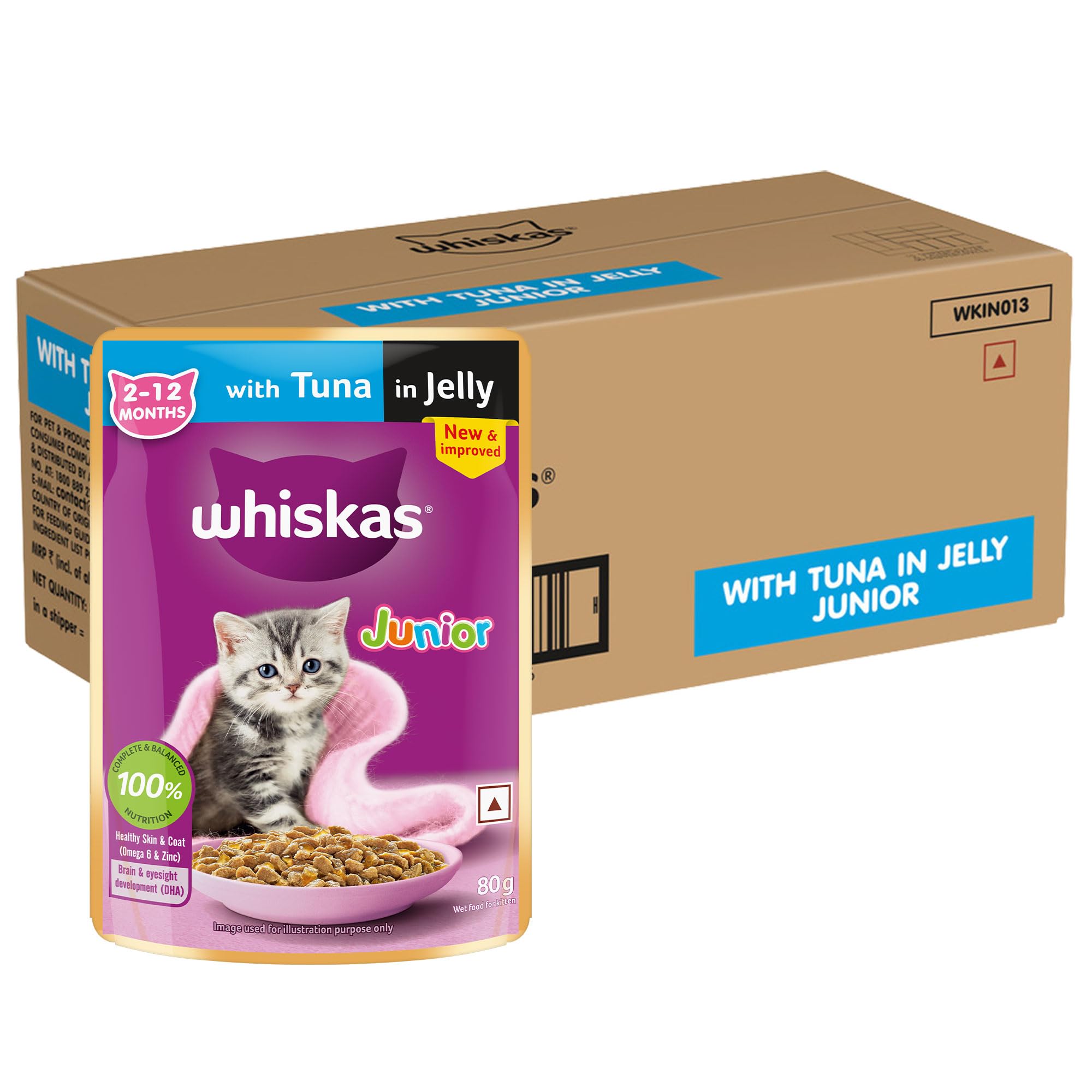Whiskas Junior Kitten (2-12 Months) Wet Cat Food, Tuna in Jelly, 80 g (Pack of 56), Hydrating Food Made With Real Fish, 100% Complete & Balanced Nutrition for Kittens