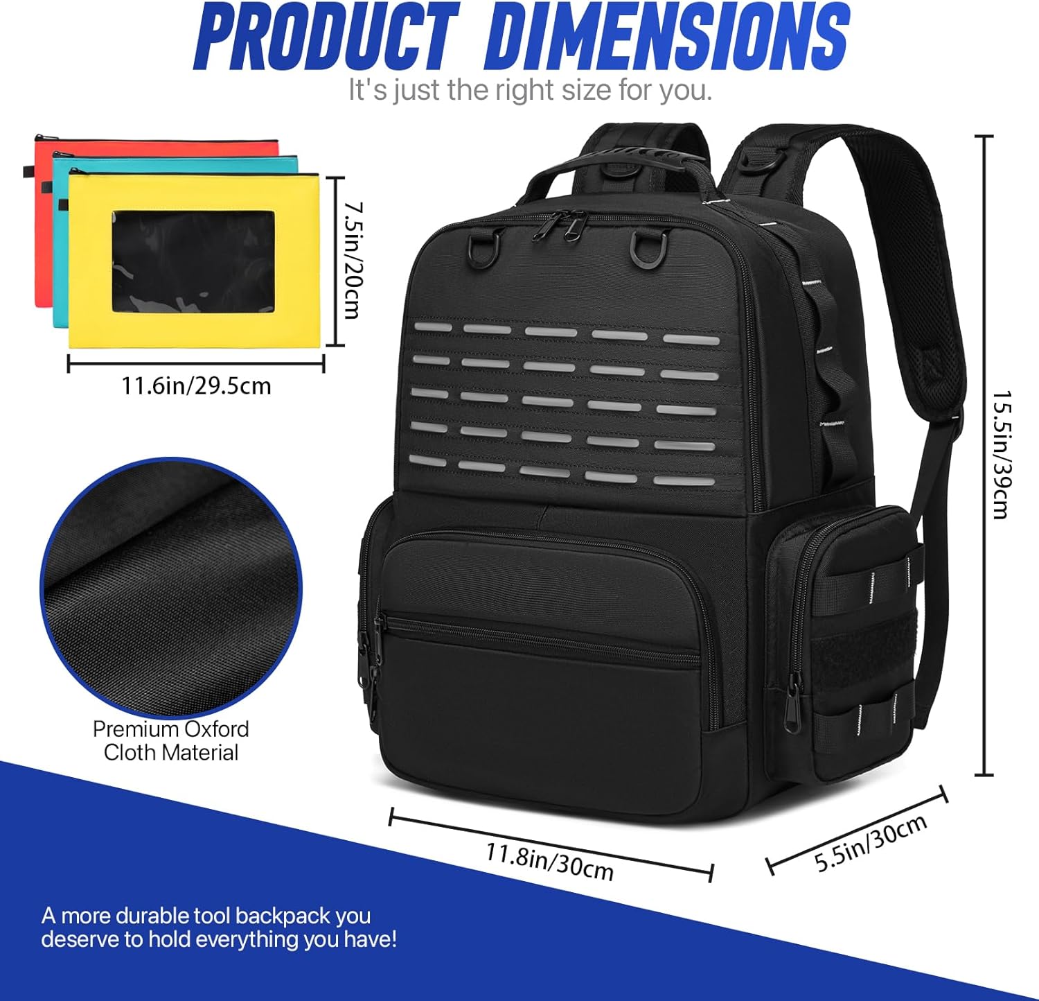 Tool Backpack,Heavy Duty Tool Bags for Men,Tool Storage Organizer Bag With 3 Tool Pouches for Electrician/Industrial/Construction/Tactical/Hvac Techs/Repairman Work - Image 5