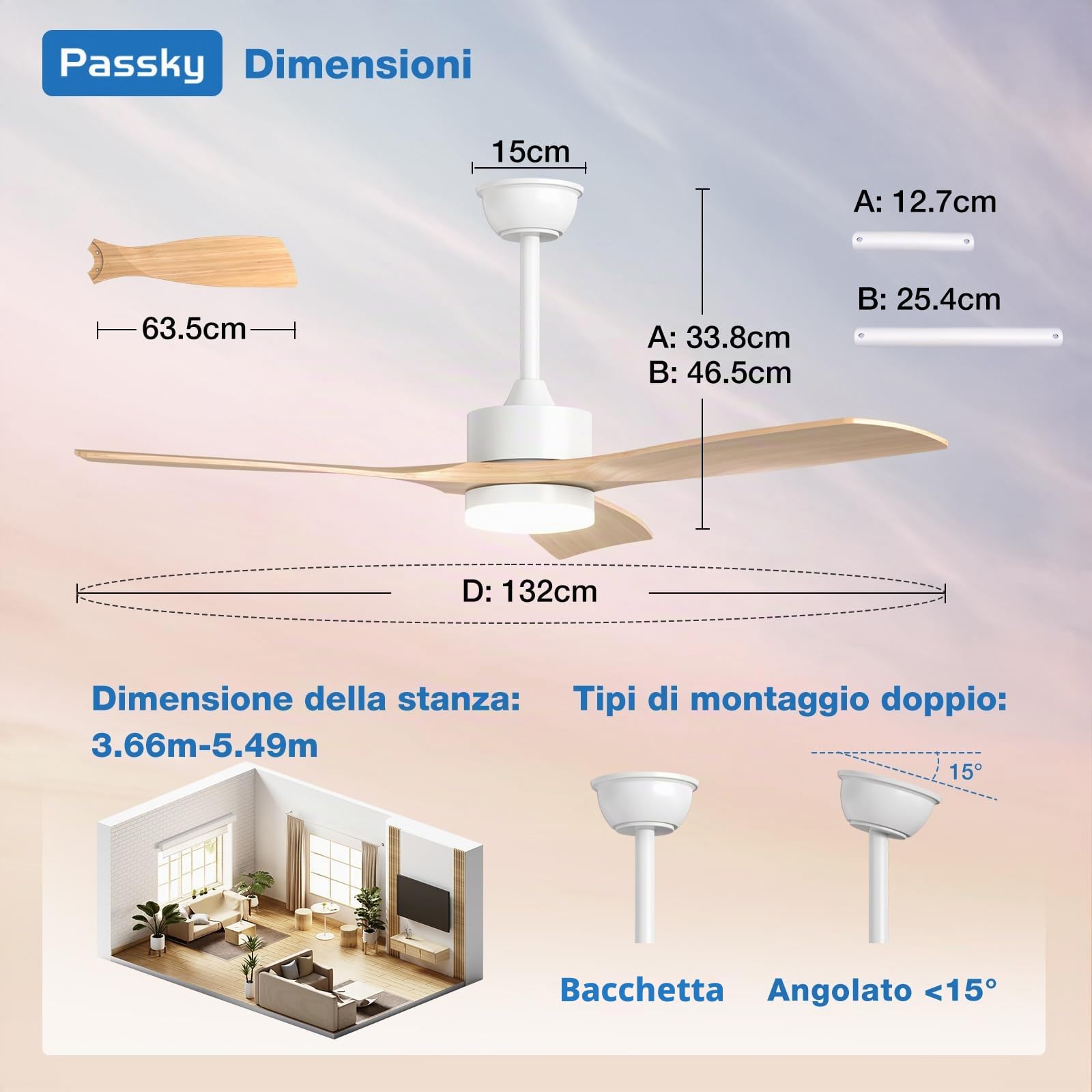 Passky Ventilatore da soffitto con illuminazione e telecomando, ventilatore da soffitto con luce, 3 pale, motore DC, 132 cm, bianco