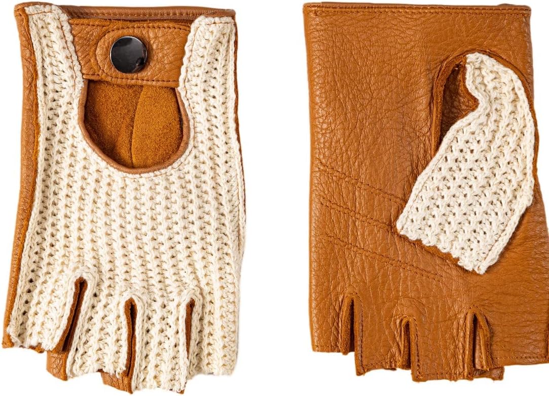 Fingerless Deerskin Leather Crochet String Back Gloves or Men - Driving, Motorcycle, Riding and Cycling