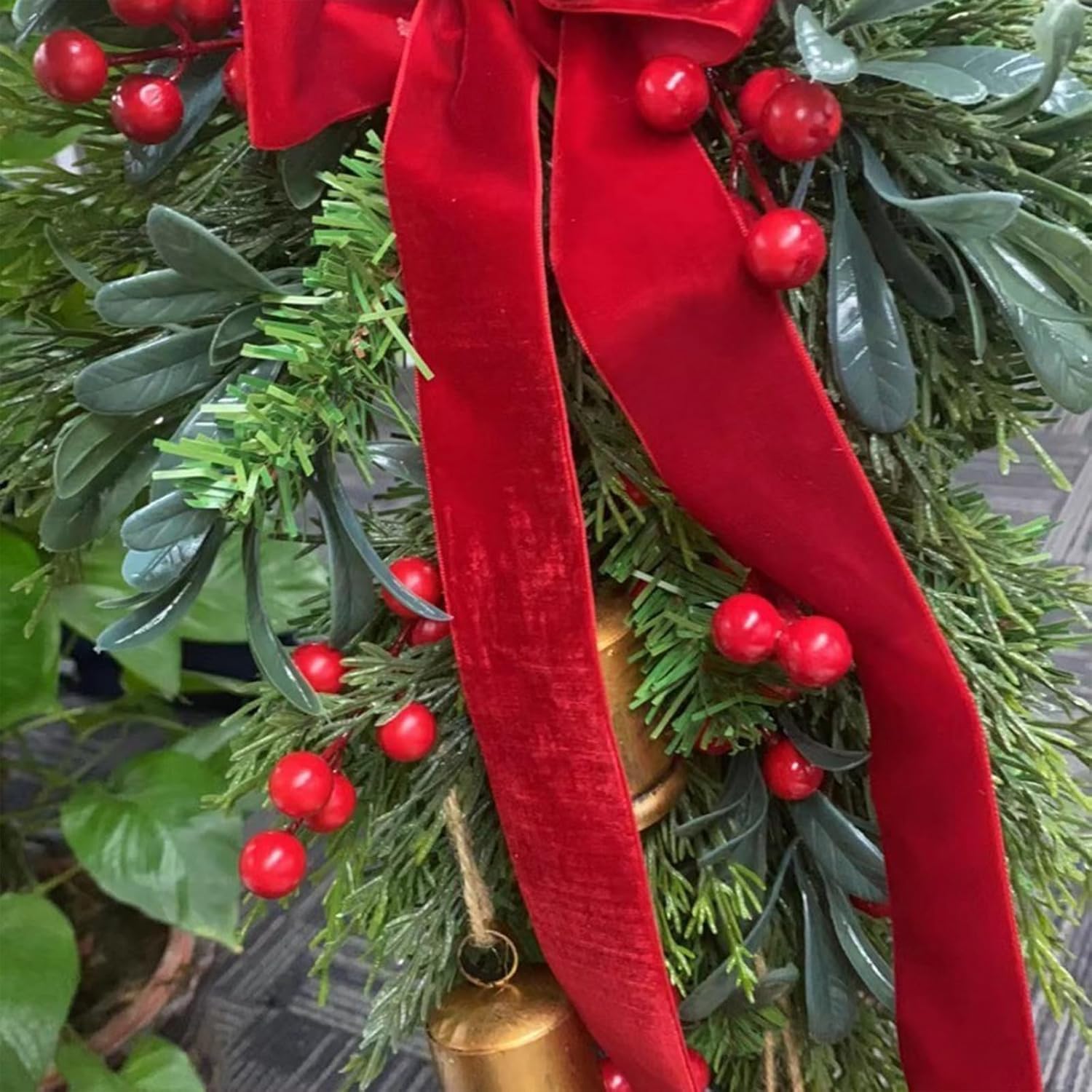 NFNSIG 19.7in Christmas Teardrop Swag, Artificial Cedar Greenery Teardrop Wreath with Bright Red Berries and Shining Golden Bells, Christmas Galand Swags for Front Door Xmas Holiday Decor