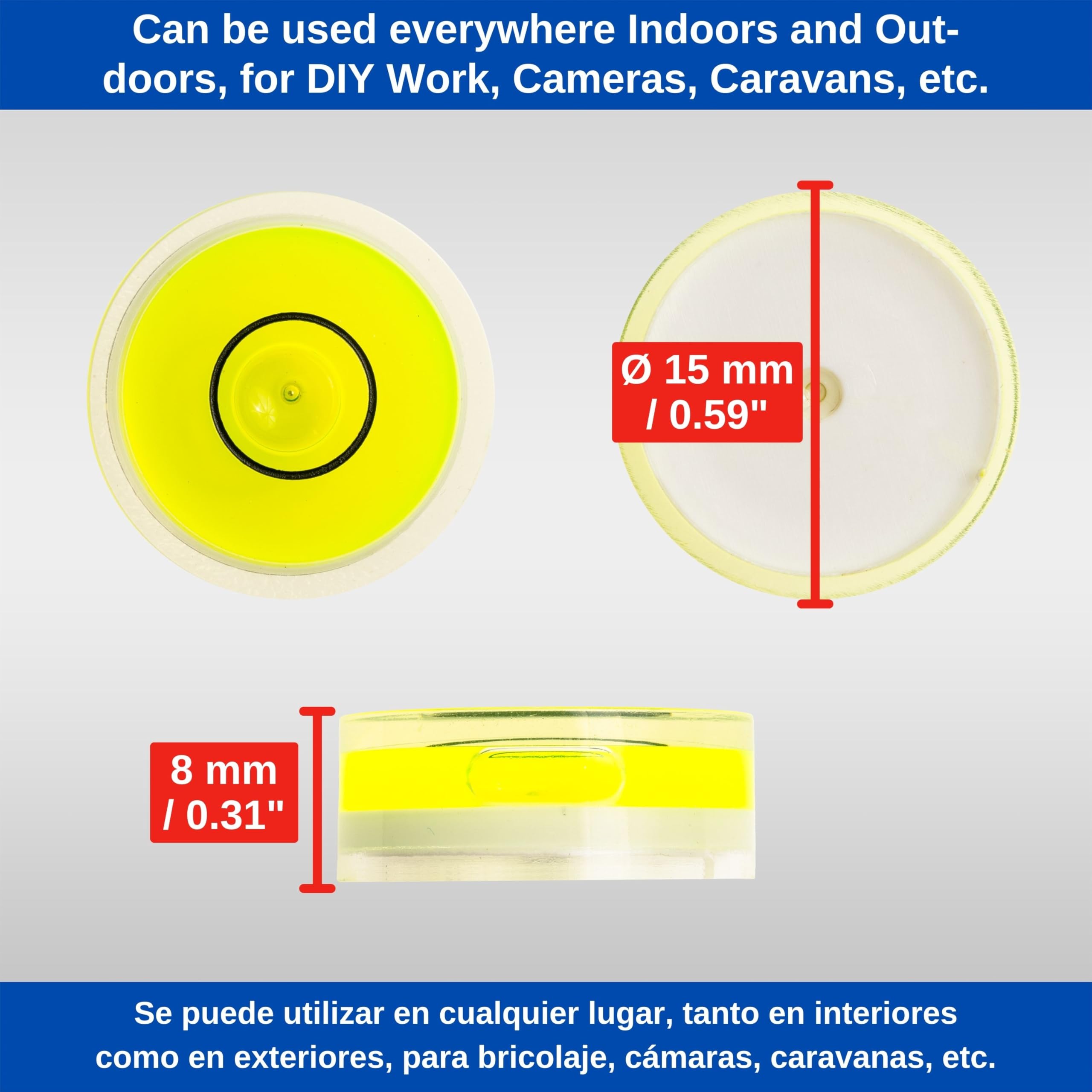 Set di fiale per livella tonda, 5 pezzi, con Ø 15 mm, livella a bolla d'aria senza etichetta, livella ad acqua, livella circolare, livella circolare per caravan, macchina fotografica, fai da te