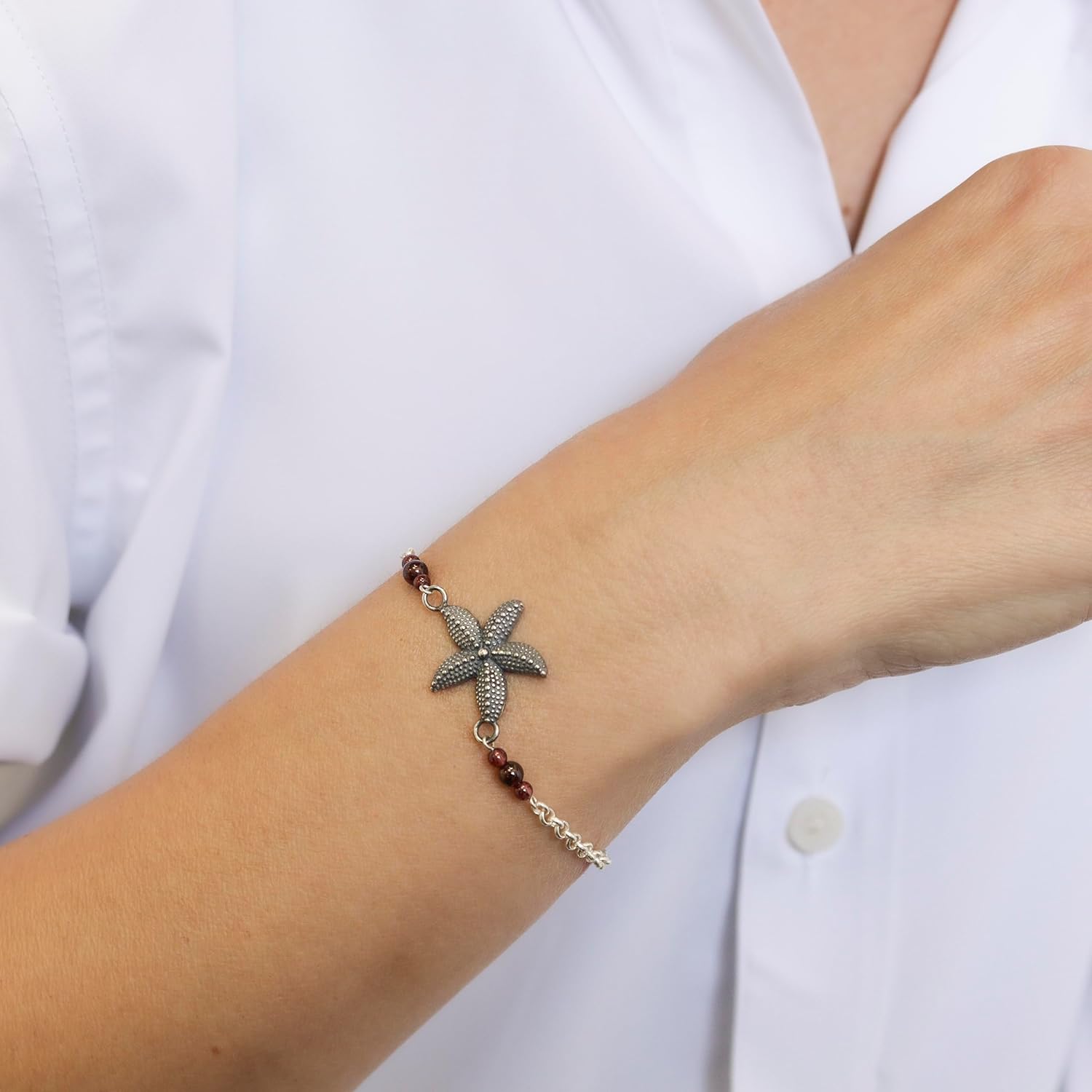 925 Sterling Silver Garnet Bracelet - Adjustable 16-18cm Chain - 3mm Round Beads with Silver Starfish Charm - Garnet Womens Bracelets - January Birthstone - Perfect Anniversary and Valentines Day Gift - Image 2