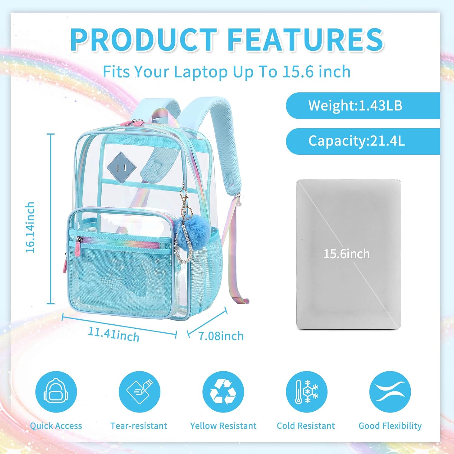 Clear Backpack for School Heavy Duty Transparent Bookbag for Girls Clear Bags See Through Backpack Sport Events Concert Stadium Approved-Blue - Image 2