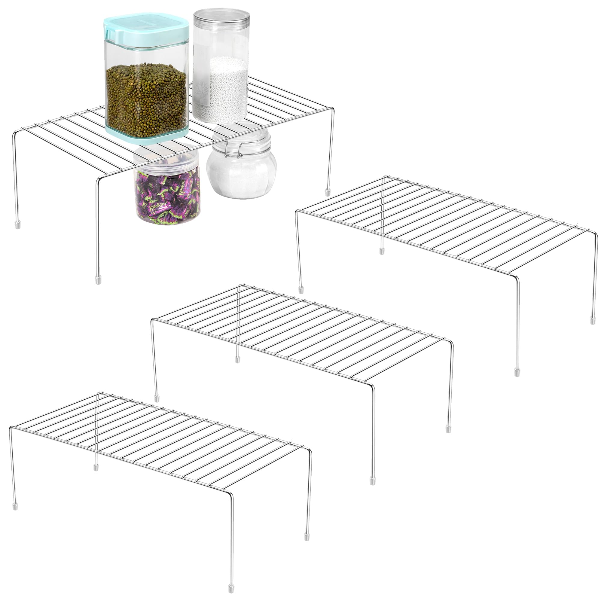 ROFAY Kitchen Cupboard Shelf Wire Rack Organizer - Set of 4, Chrome Plated Metal Storage Shelves, Countertop Divider for Pantry, Cabinets, and Utensils