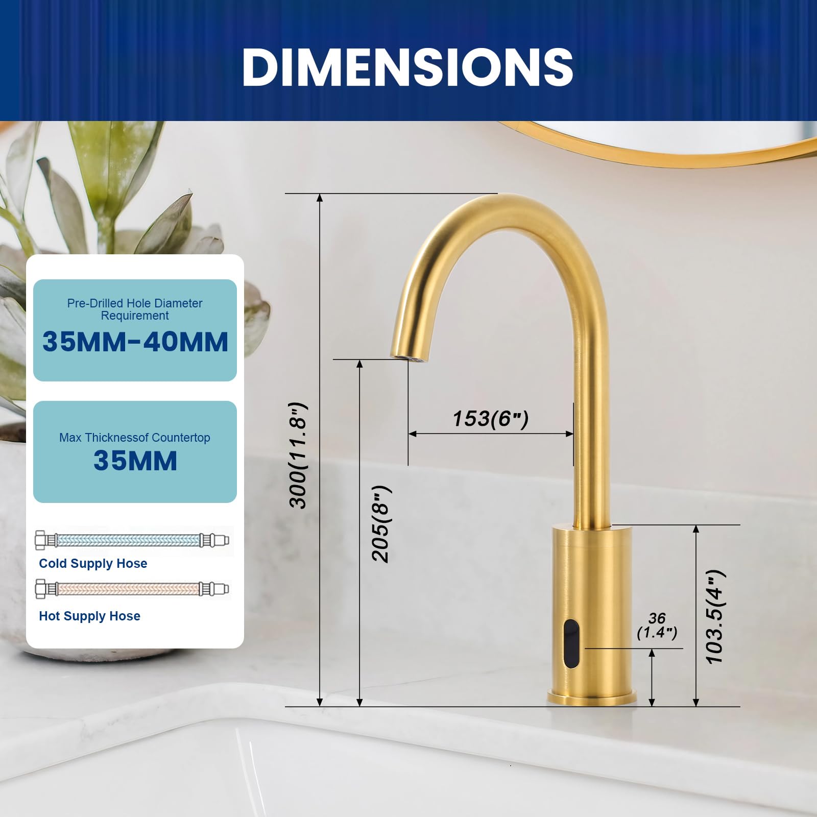 Sensor de grifo: grifo de baño sensor infrarrojo para baño – grifo de baño automático con caja de control – mezclador de temperatura, oro