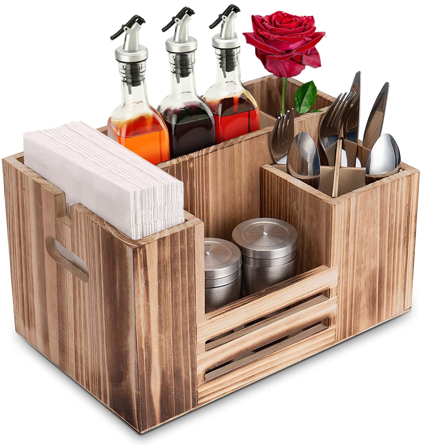 JUJOYBD Bestekhouder van hout met 8 vakken, servetdispenser en opslag voor bestek, sauzen of specerijen, perfect voor thuis, buffet, feest en gastronomie JUJOYBD Bestekhouder van hout met 8 vakken, servetdispenser en opslag voor bestek, sauzen of specerijen, perfect voor thuis, buffet, feest en gastronomie
