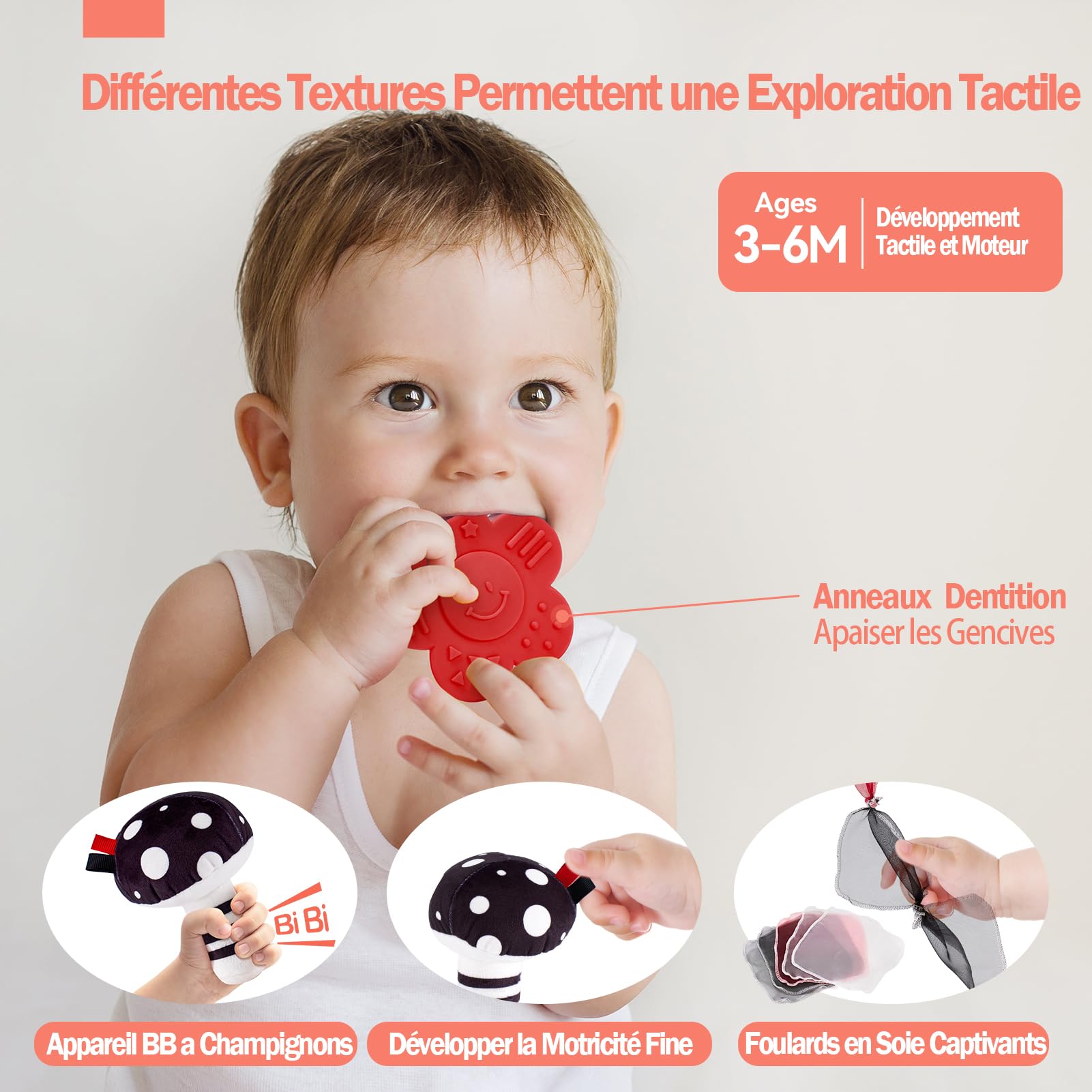 hahaland Jouet Bébé pour 0-3 Mois Carte Flash Blanc et Noir et Anneau Dentition Jouet Montessori pour Bébé Eveil 0-6 Mois Cadeau Naissance Garcon Fille