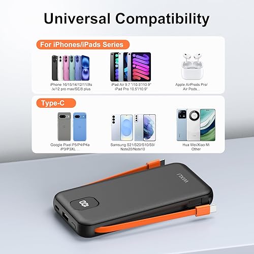 Miniatura 3 de Cargador portátil con cables integrados y enchufe de pared de CA, banco de energía USB C de 10000 mAh, cargador de teléfono, batería externa