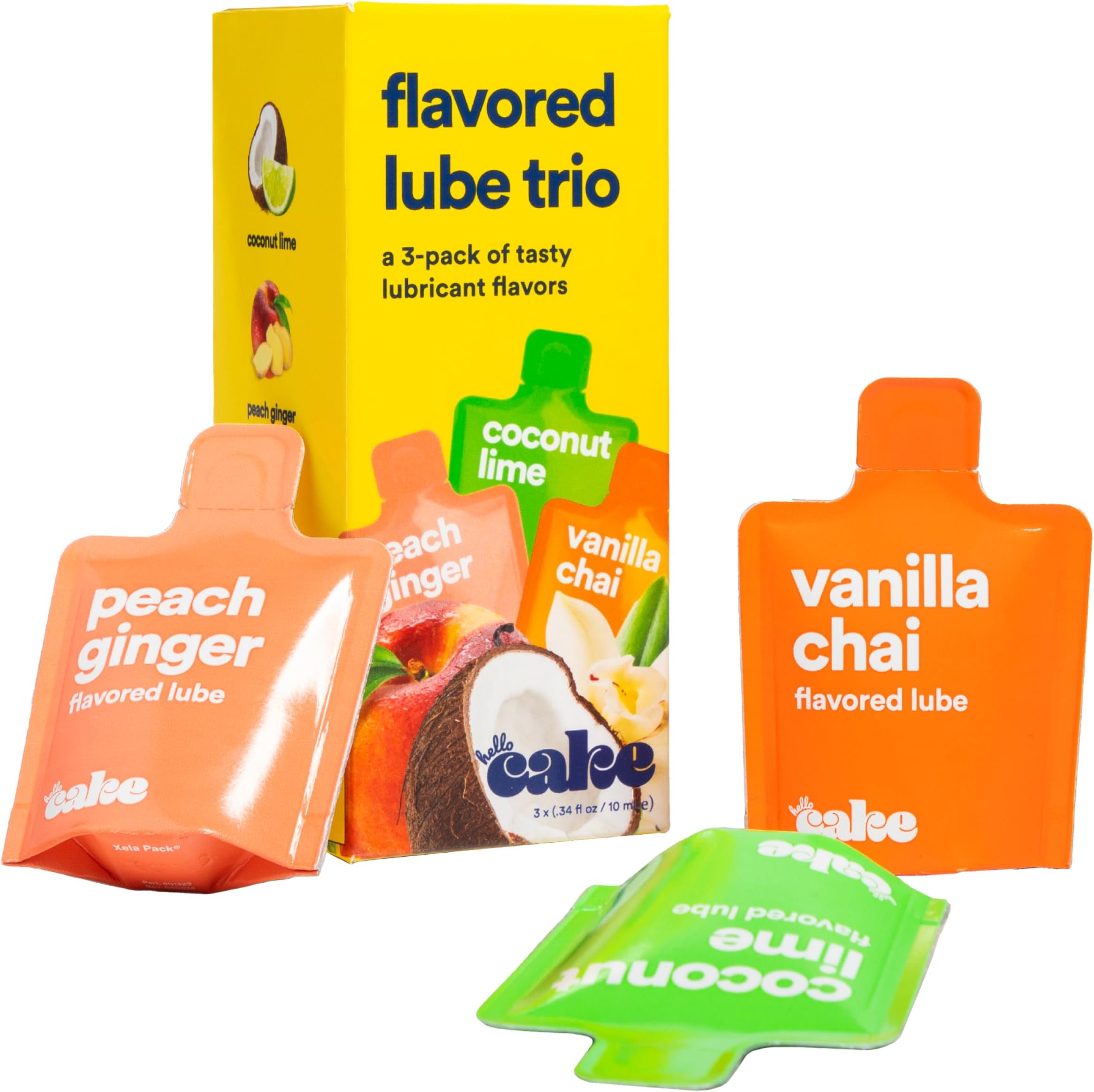 Hello Cake Flavored Lube Trio Sample Pack, Water-Based Flavored Personal Lubricants - Includes Peach Ginger, Vanilla Chai, and Coconut Lime – Made Without Added Sugar & No Aftertaste, 0.34 fl oz Each