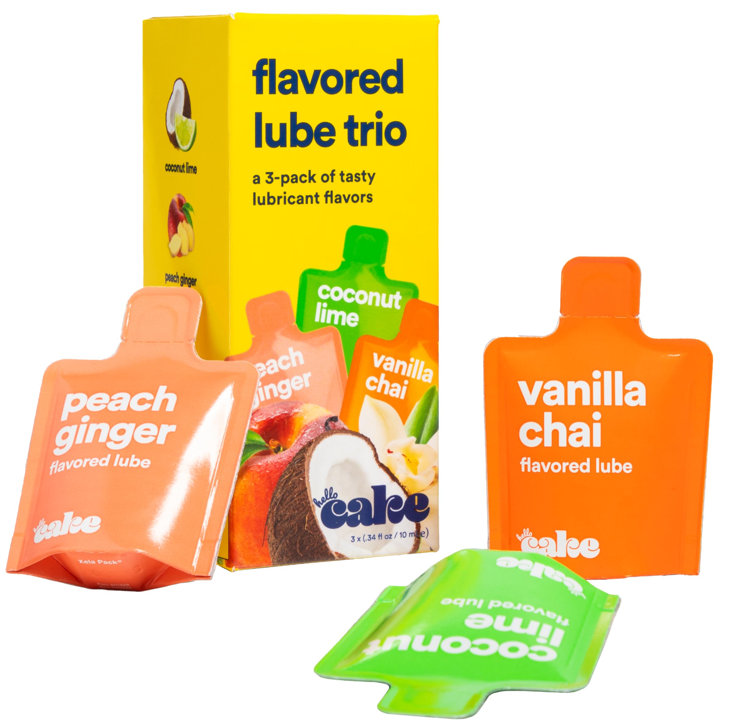 Hello Cake Flavored Lube Trio Sample Pack, Water-Based Flavored Personal Lubricants - Includes Peach Ginger, Vanilla Chai, and Coconut Lime – Made Without Added Sugar & No Aftertaste, 0.34 fl oz Each