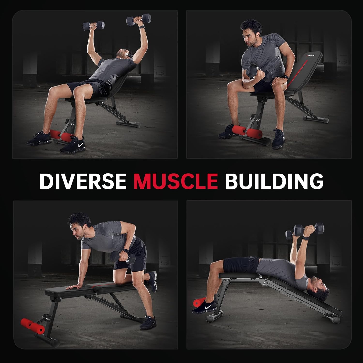 Collage of images showing a person performing various exercises on the PASYOU PA200 bench, including incline press, dumbbell curls, bent-over rows, and decline crunches.