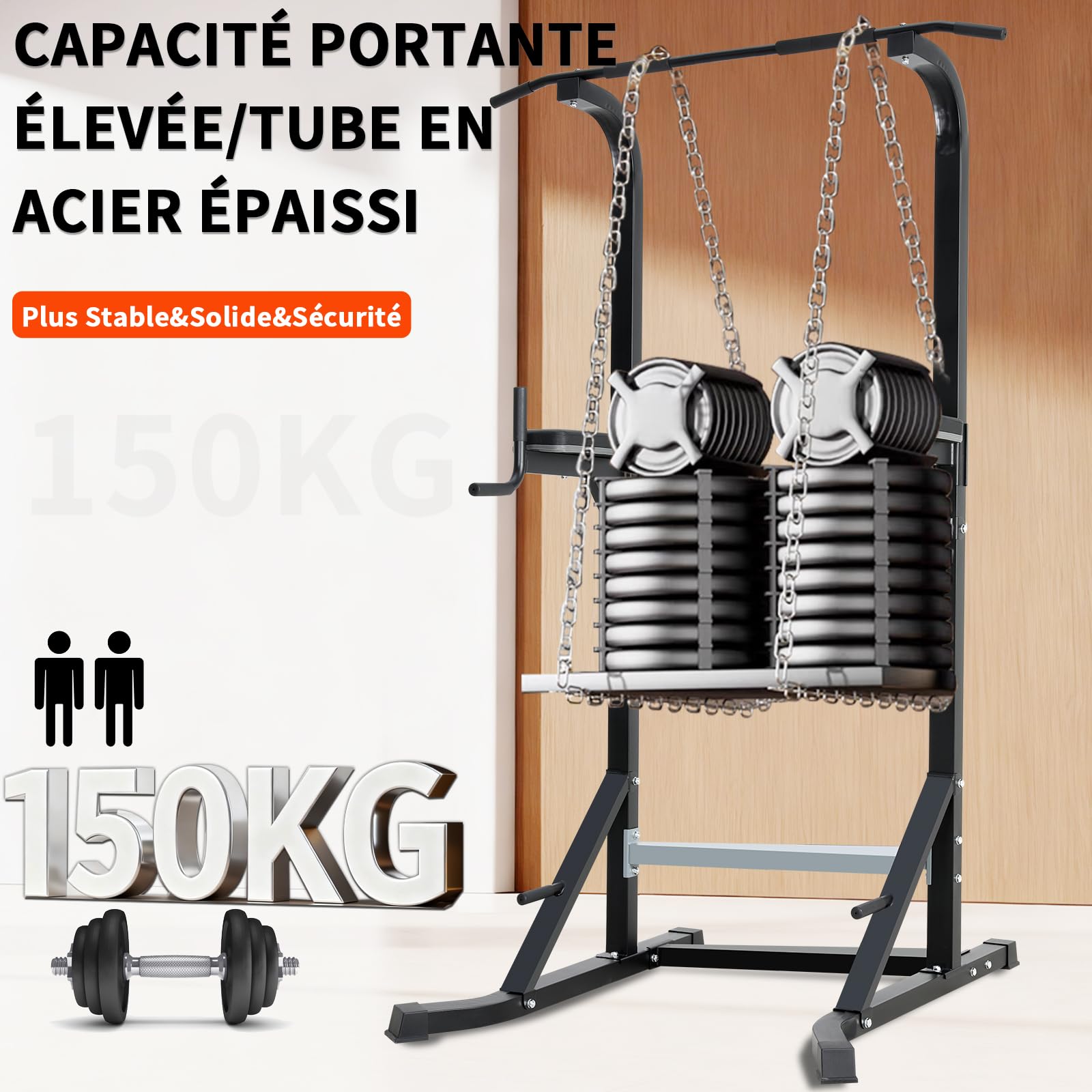 Chaise Romaine Station de Musculation Complet, Pull Bar Barre de Tractions sur Pieds, Barres de Traction Support d'Entraînement Dips Pull Up Fitness Power Tower, Barre Traction Stable Charge 150KG