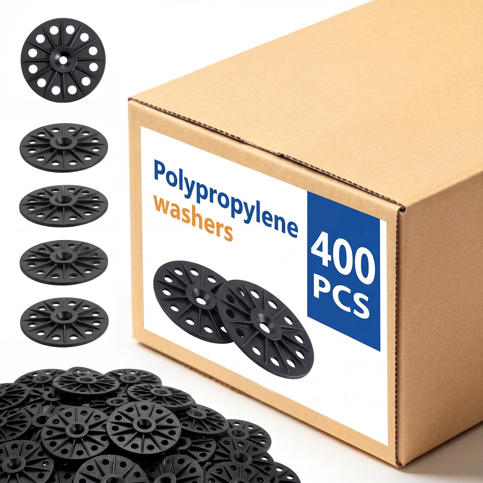 Fabbay Lot de 400 rondelles en polypropylène de 60 mm pour fixation de panneaux isolants en mousse rigide et feuilles en plastique pour vis et clous - Noir