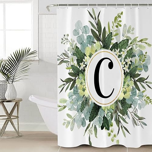 Miniatura 3 de Cortina de ducha, diseño de letras C de granja con corona de eucalipto en acuarela, juego de cortina de ducha de tela impermeable con 12 ganchos,