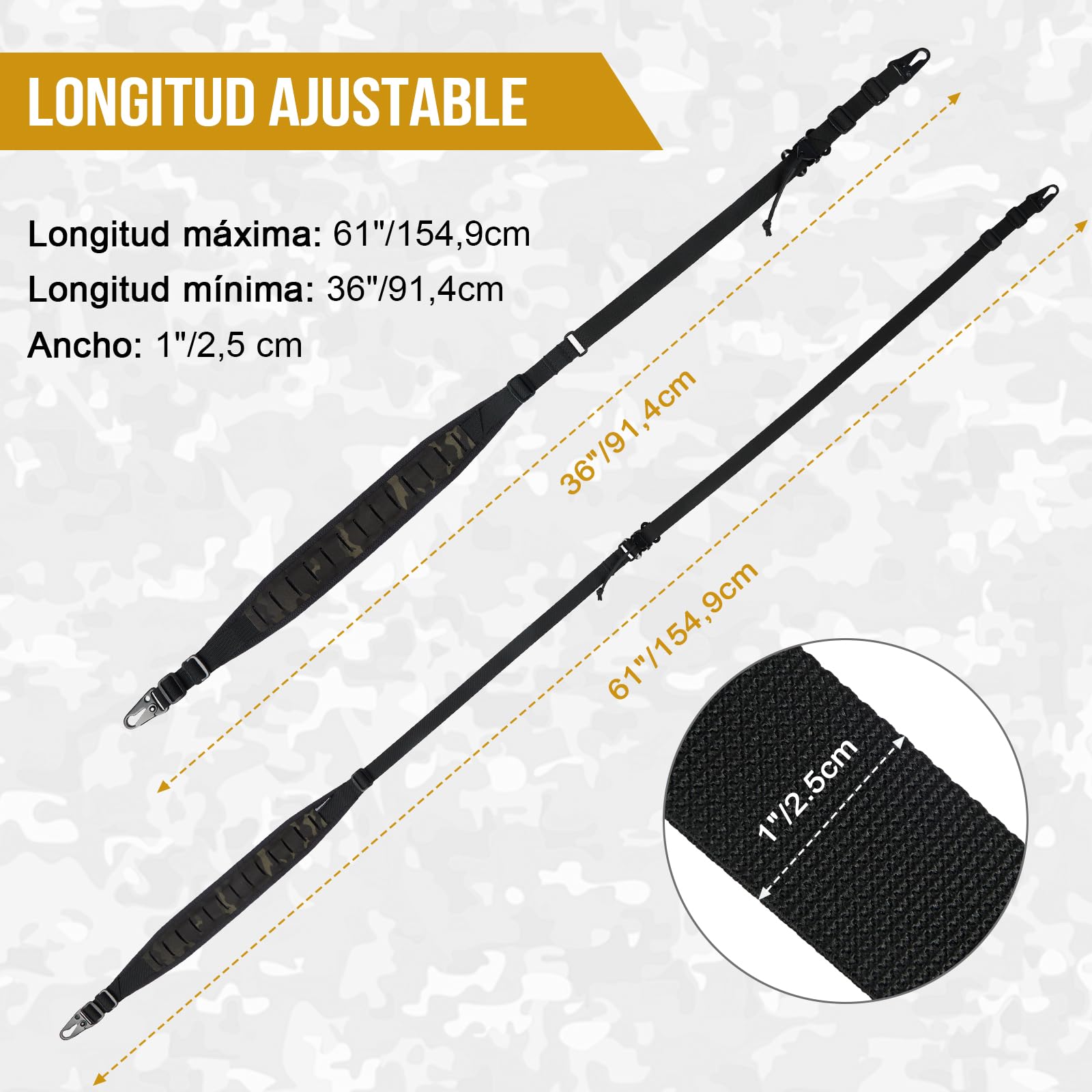 OneTigris Correa de Rifle de 2 Puntos, 2,5 cm de Ancho con Mosquetones Intercambiables Estilo HK, Ajustable 56-70 Pulgadas, Negro