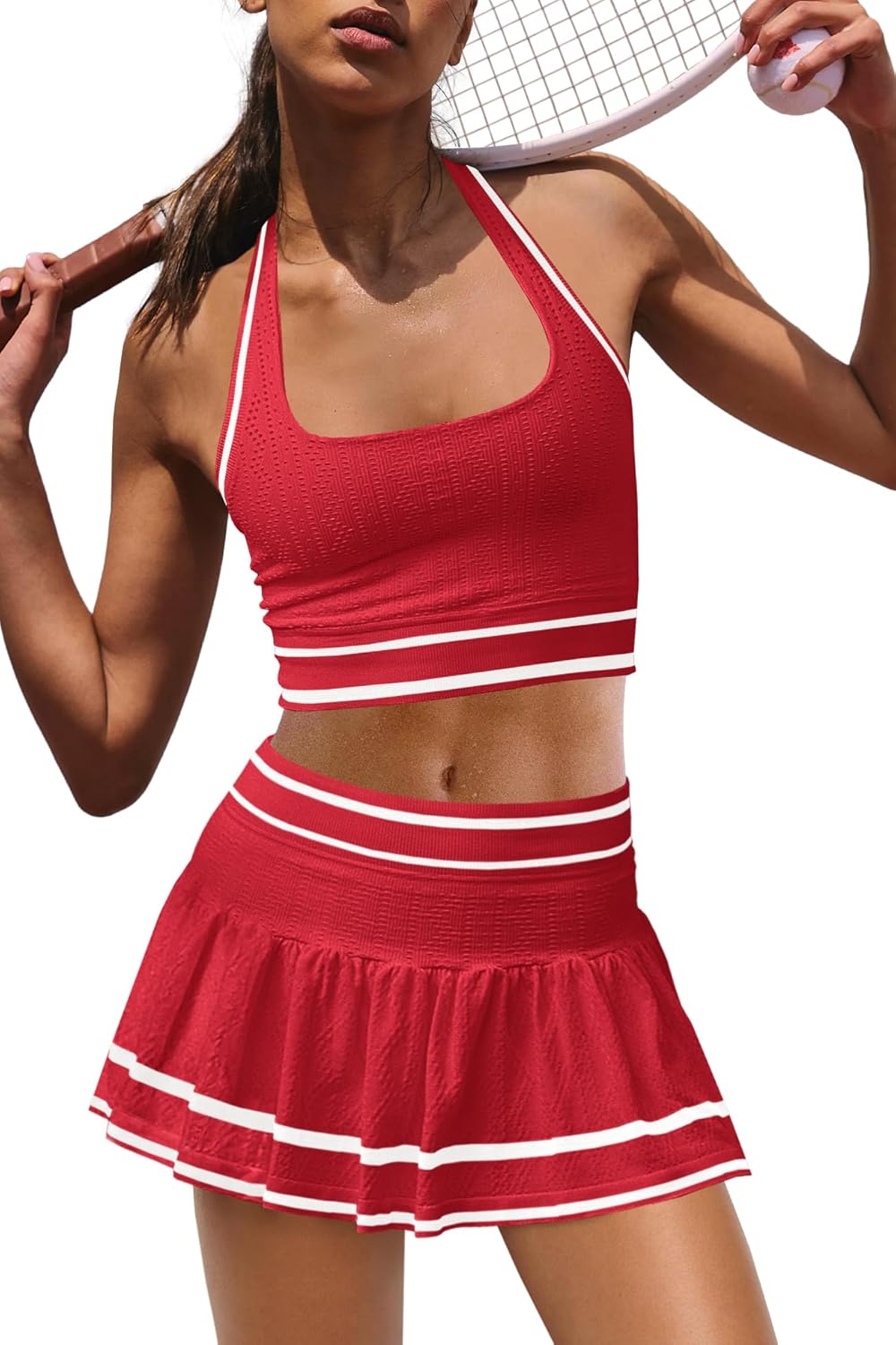 Yanekop Womens Tennis Skirt Set 2 Piece Workout Sets Golf Outfits Athletic Sets Cropped Tank Top and Skort with Shorts - Image 2