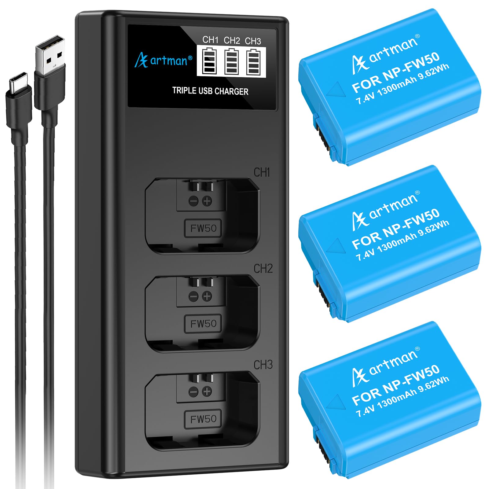 Artman NP-FW50 Lot de 3 batteries et 3 emplacements ZV-E10 Chargeur LCD pour Sony ZV E10, Alpha A6500 A6400 A6300 A6000 A5100 A5000, A7S II, A7S, A7R II, A7R, A7 II, A7, RX10 Appareils photo II III IV