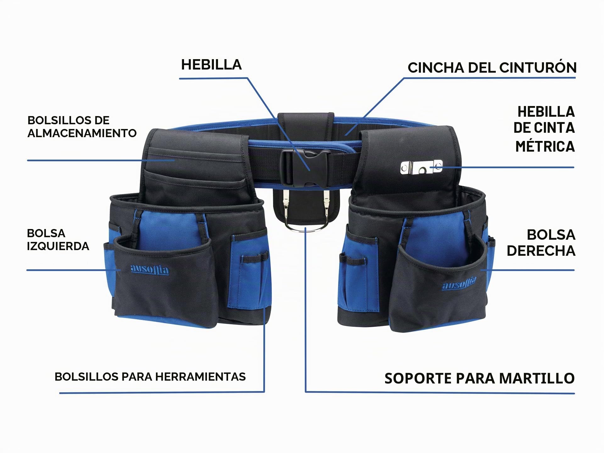 AUSONIA - 48267 DOBLE BOLSA DE CARPINTERÍA HERRAMIENTAS DE TEJIDO REFORZADO, INCLUYE CINTURÓN PROFESIONAL ACOLCHADO AJUSTABLE Y GANCHO PORTAMARTILLO, BOLSILLOS FRONTALES AMPLIOS PARA CLAVOS U OTROS