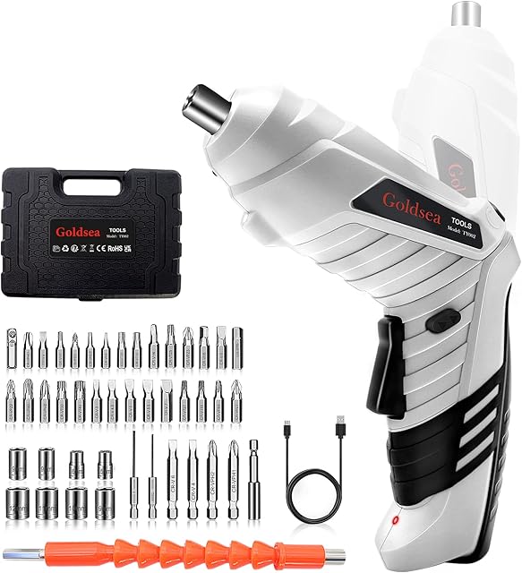 Electric Screwdriver, Goldsea Cordless Screwdriver Rechargeable Tool and Rotatable 90 Degrees Cordless Electric Screwdriver Set with Rechargeable Battery and LED Light for Home DIY