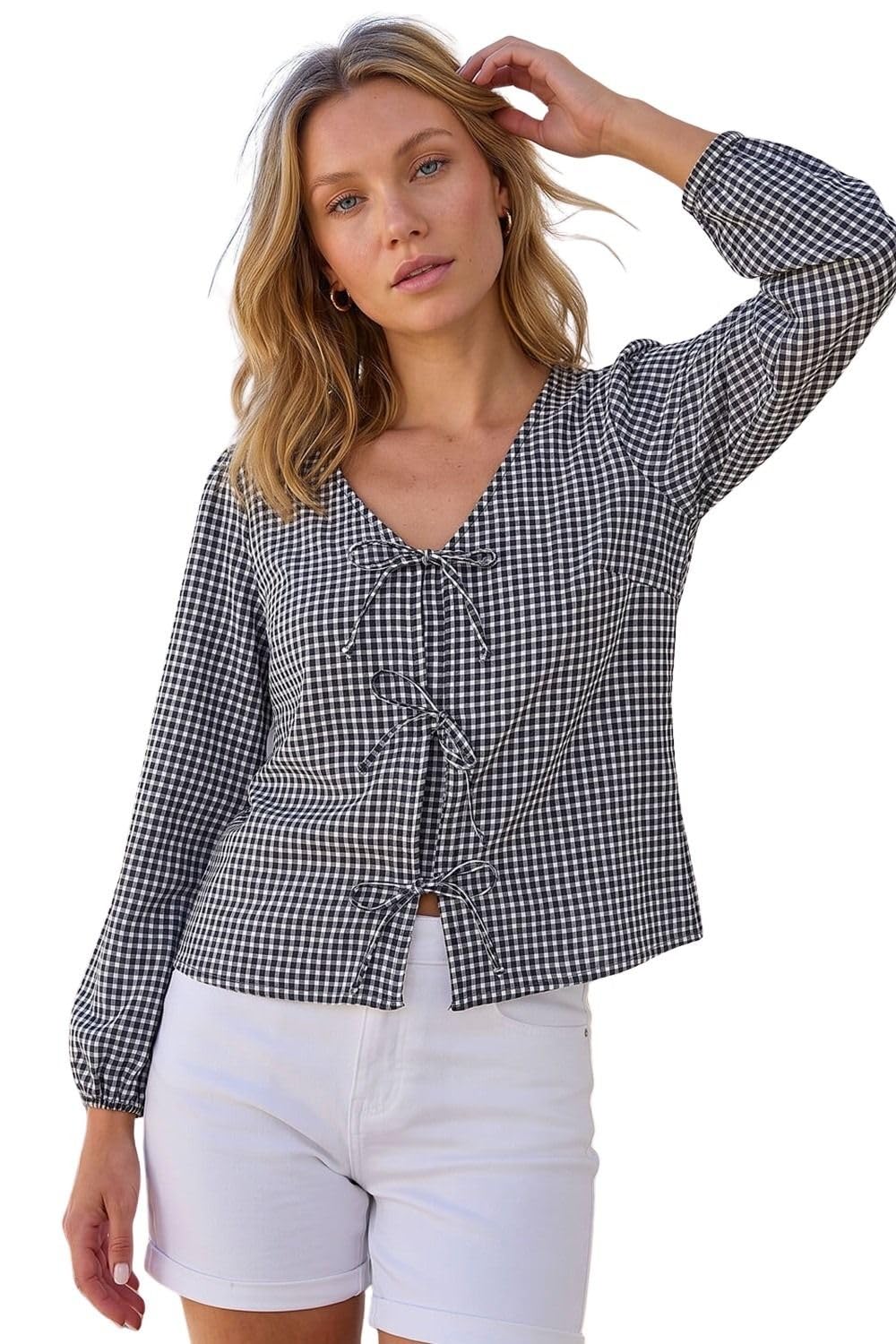 Roman Women's Gingham Print Tie Front Woven Top in Black | Size: 16