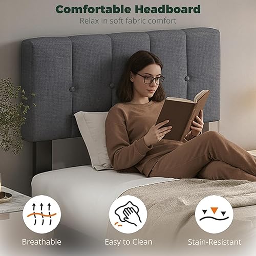 Miniatura 7 de Base de cama Queen con cabecera de tela tapizada, fácil montaje, soporte de listones de madera, cabecera ajustable, no necesita somier, sin ruido,