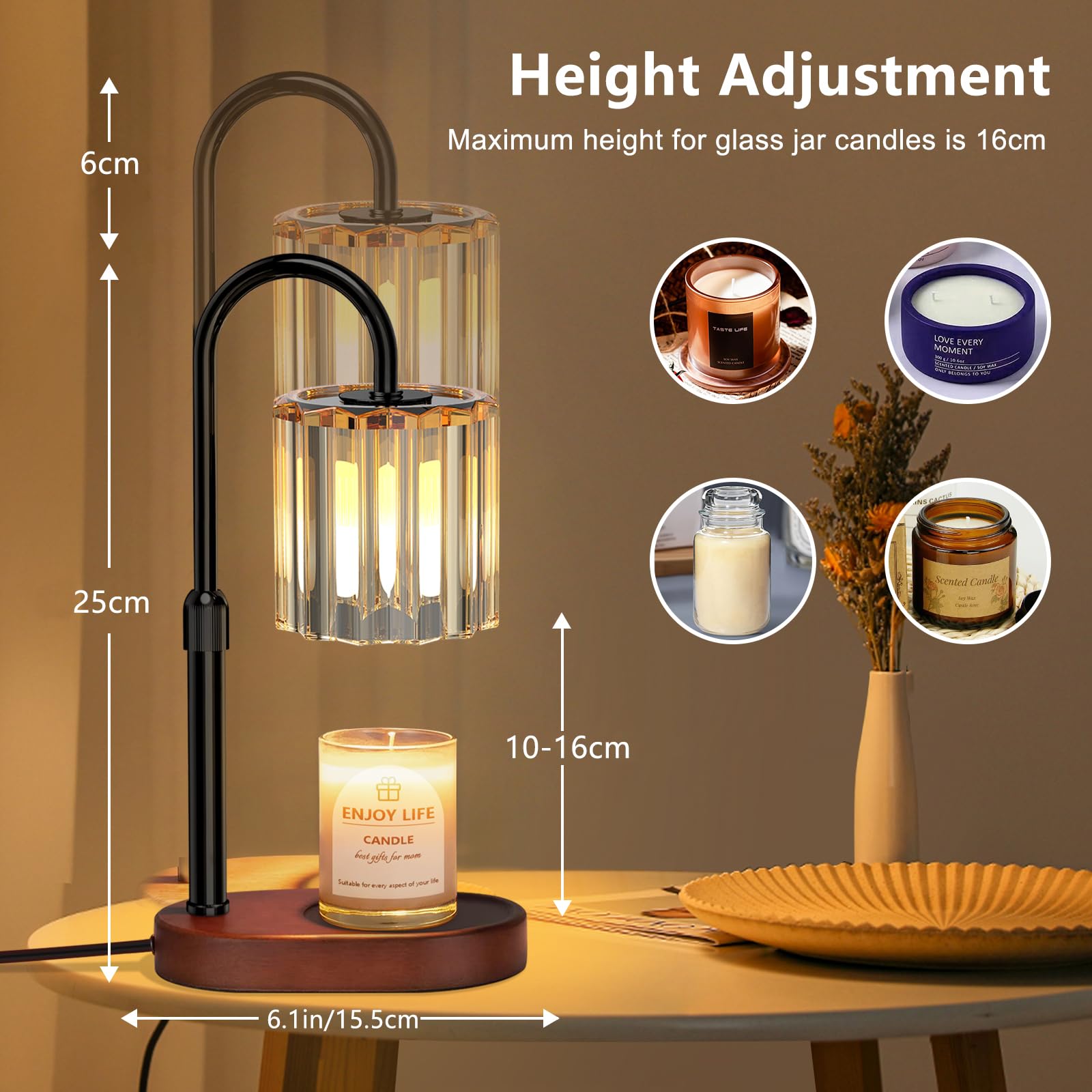 Lampe Chauffe-bougie Loowoko Avec Minuterie Et Variateur - Hauteur Réglable, 2 Ampoules, Pour Bougies Parfumées En Pot