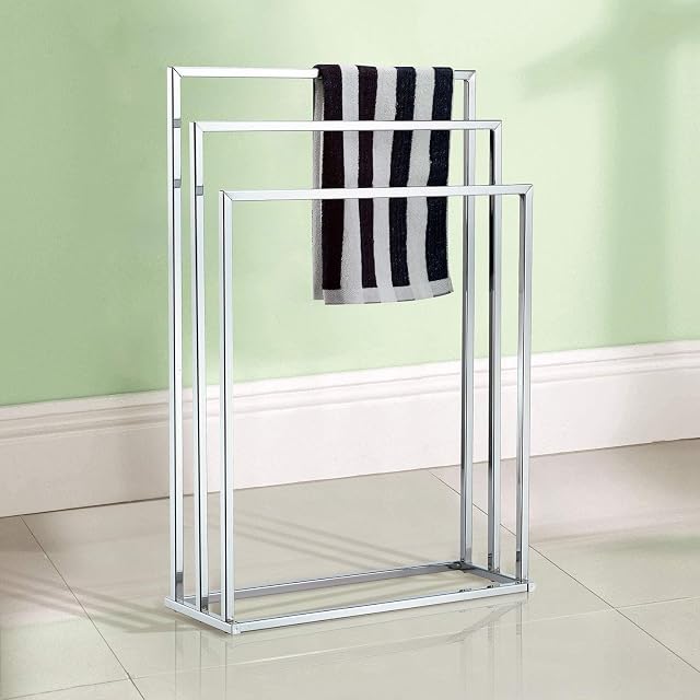 Three Tier Bathroom Towel Holder Freestanding Chrome Bar Rail Rack Towel Storage Rail/Rack for Bathroom, En Suite or Toilet-Silver, H 85cm x W 45cm x D 22cm