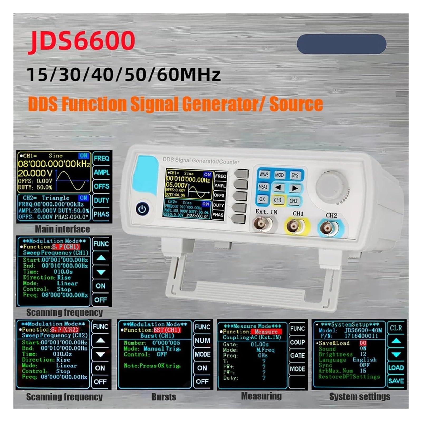 JDS6600 Generatore Di Segnale Funzione DDS 15/30/40/50/60 MHz/Sorgente Dual/2-CH Misuratore Di Frequenza Generatore Di Impulsi A Forma D'onda Arbitraria(60MHz)