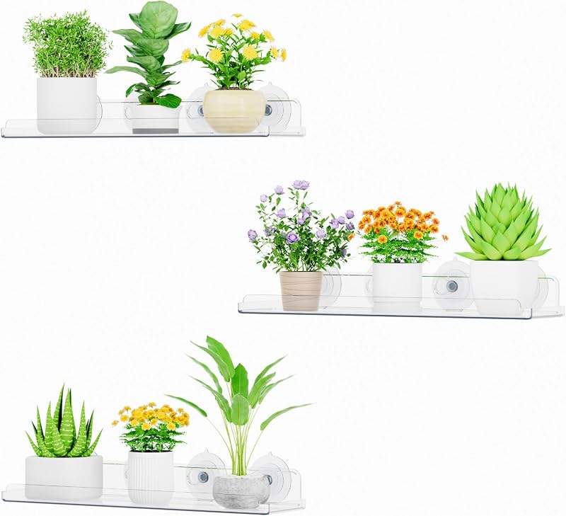 Lifewit Window Plant Shelves 14.6", 3 Pack Acrylic Suction Cup Holder | No-Drill Window Sill Extender for Indoor & Outdoor Micro Greens, Clear Floating Shelf for Bathroom Mirror, or Kitchen Wall