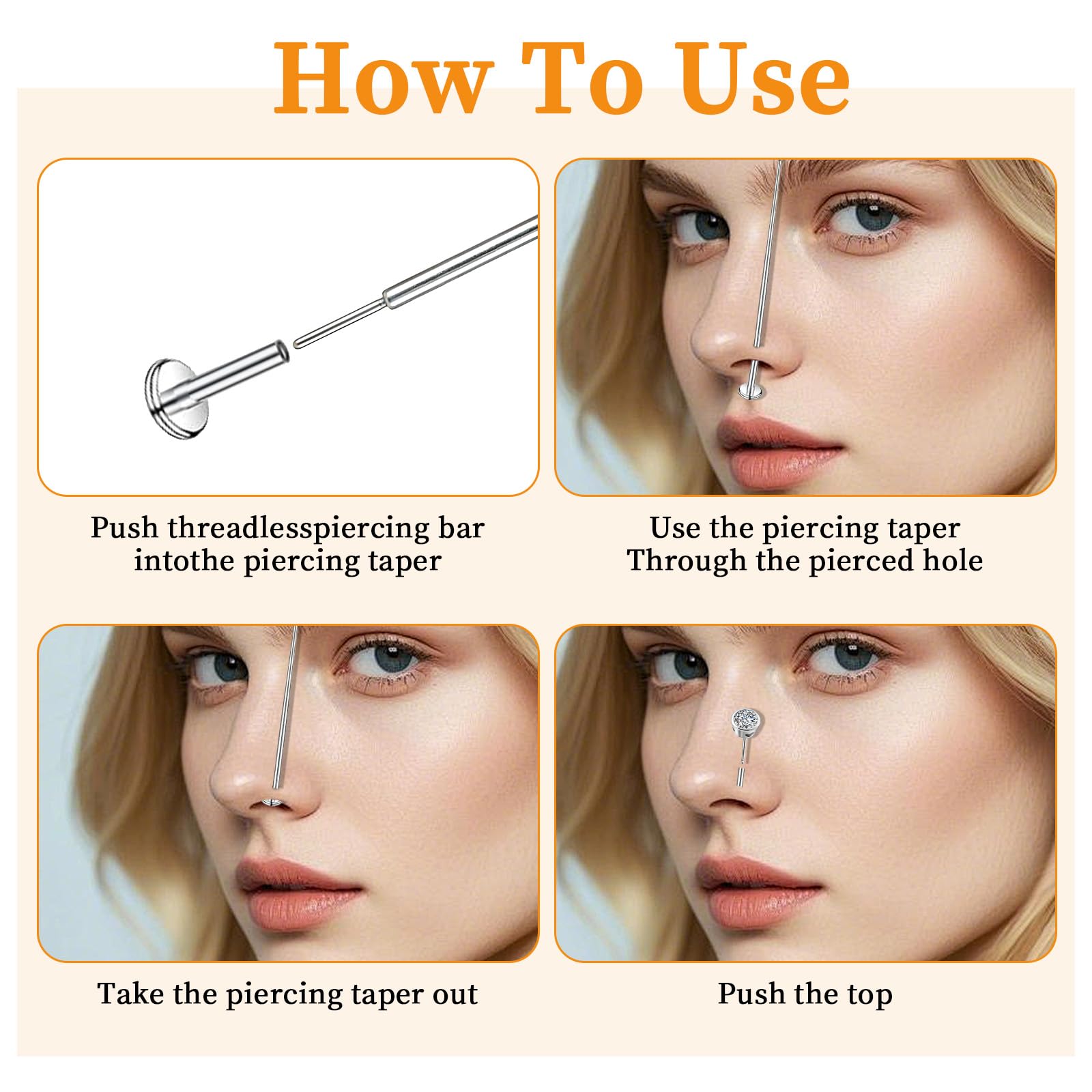 Zestaw narzędzi do piercingu kulkowego, 16G, 18G, bez gwintu, gwint wewnętrzny, gwint zewnętrzny, ze stali nierdzewnej, płaskie tylne kolczyki, narzędzie do wkładania, zakrzywione kolczyki do ciała