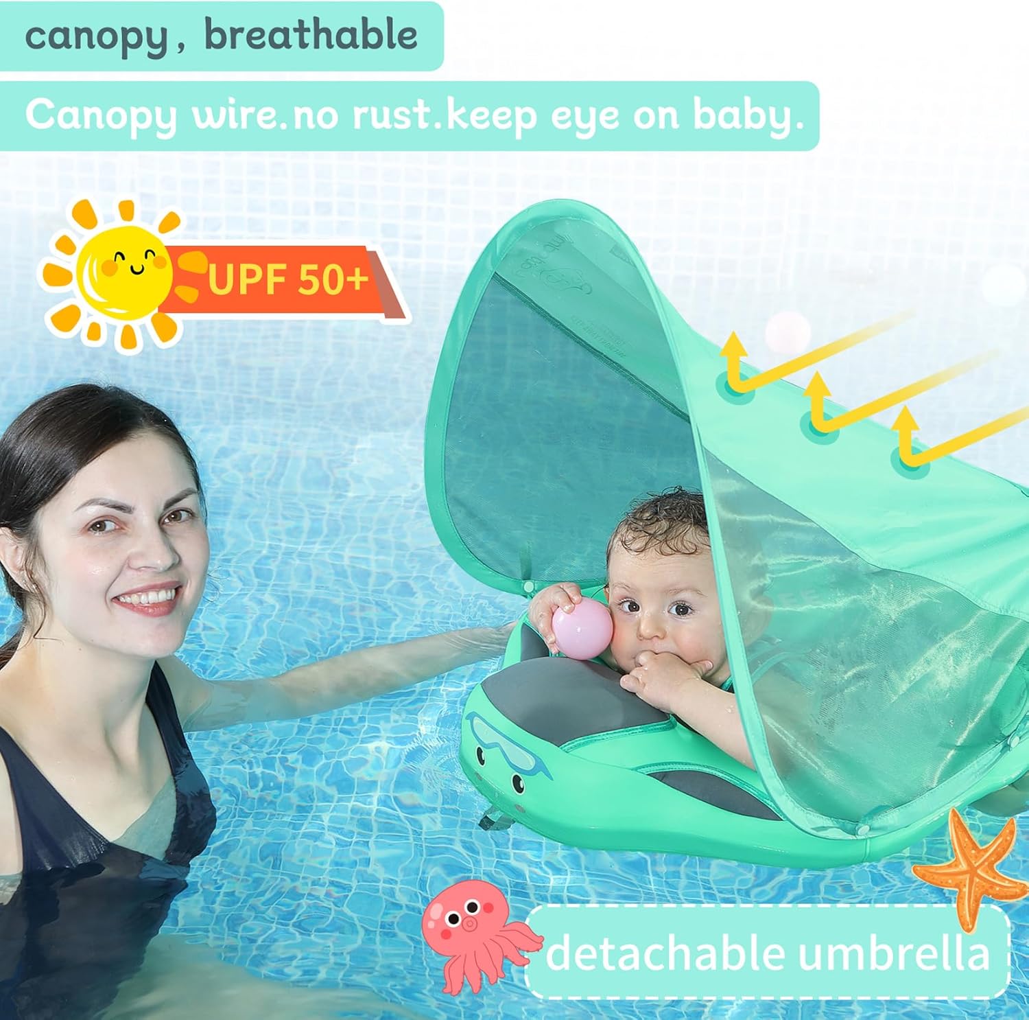 Mambobaby Float with Canopy Size Improved Non Inflatable Infant Baby Pool Float Smart Mambo Float Swim Trainer Baby Swim Float Mambo Baby Float Solid Air Free Water Waist Swimming Ring