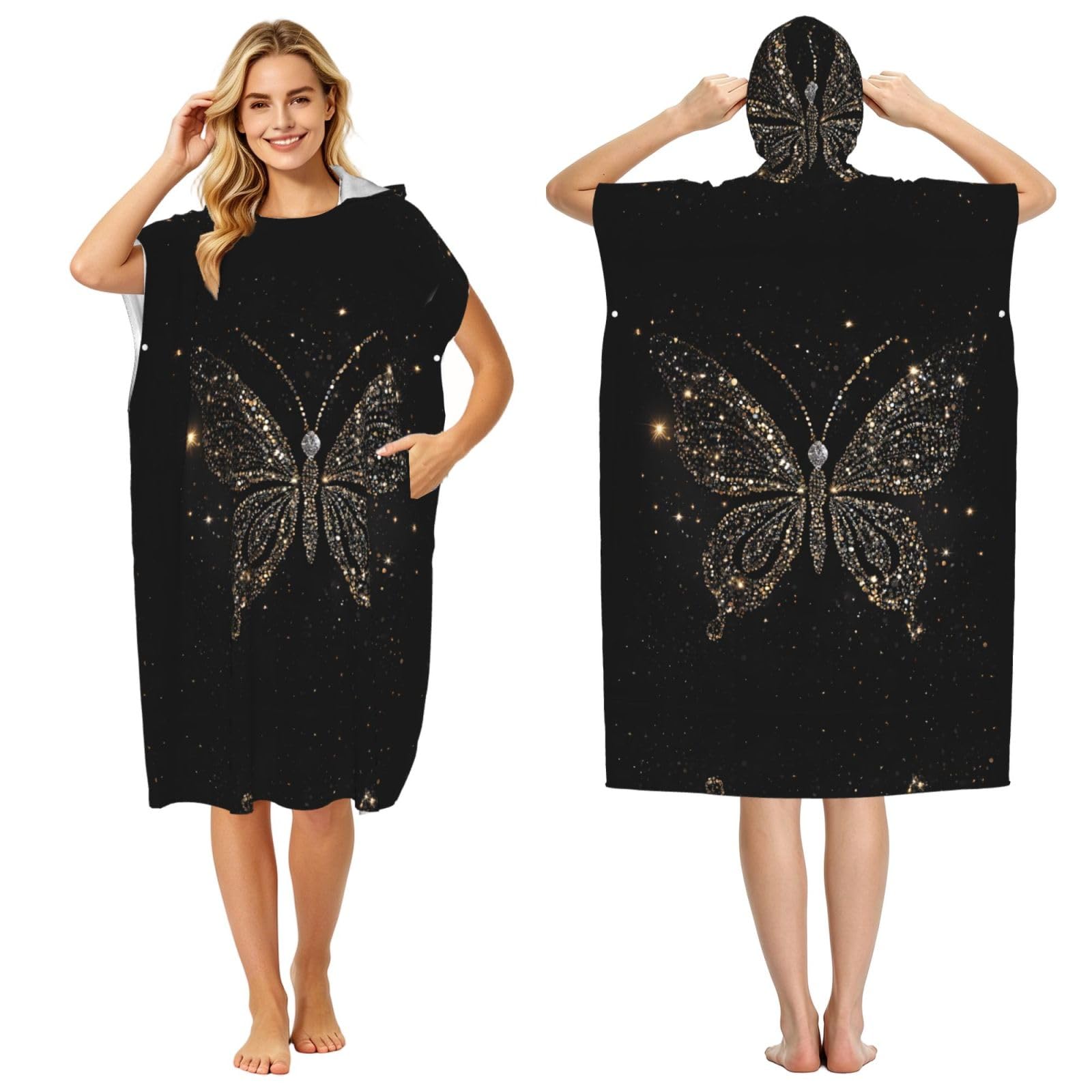 Poncho à capuche surf et natation microfibre léger imprimé papillon adulte