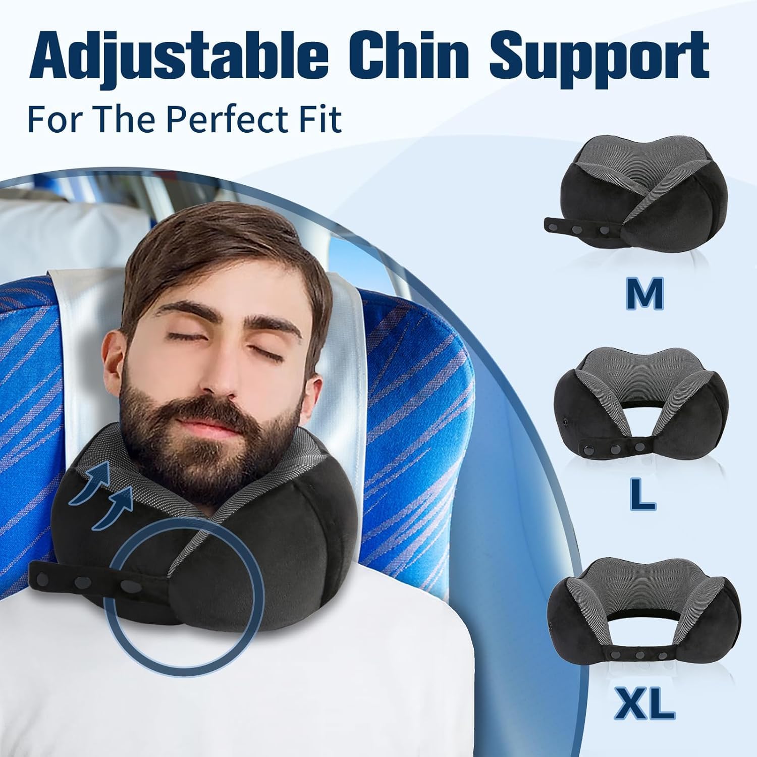 Almohada de viaje para adultos, almohada de cuello de espuma viscoelástica ajustable para aviones y vuelos de larga distancia, soporte ergonómico portátil con bolsa, máscara de ojos y tapones para los